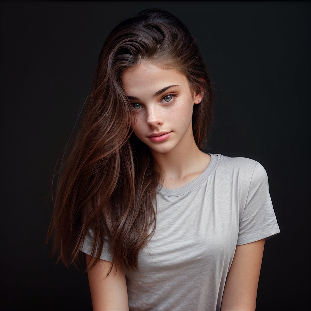best quality view from below, full body portrait of stunning (AIDA_LoRA_MeW2016:1.05) <lora:AIDA_LoRA_MeW2016:0.95> in (simple gray t-shirt:1.1), [little girl], glossy skin with visible pores and freckles, pretty face, naughty, funny, happy, playful, intimate, flirting with camera, cinematic, dramatic, kkw-ph1, (colorful:1.1), (studio photo:1.1), (simple black background:1.1)