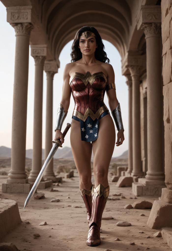 score_9,score_8_up,score_7_up,score_6_up,score_5_up,score_4_up,highly detailed,real life,analog, (wonder woman:1.5) walking through the sun baked desert, slender, holding a longsword, sweaty, (columns in an ancient roman temple in the background:0.7),