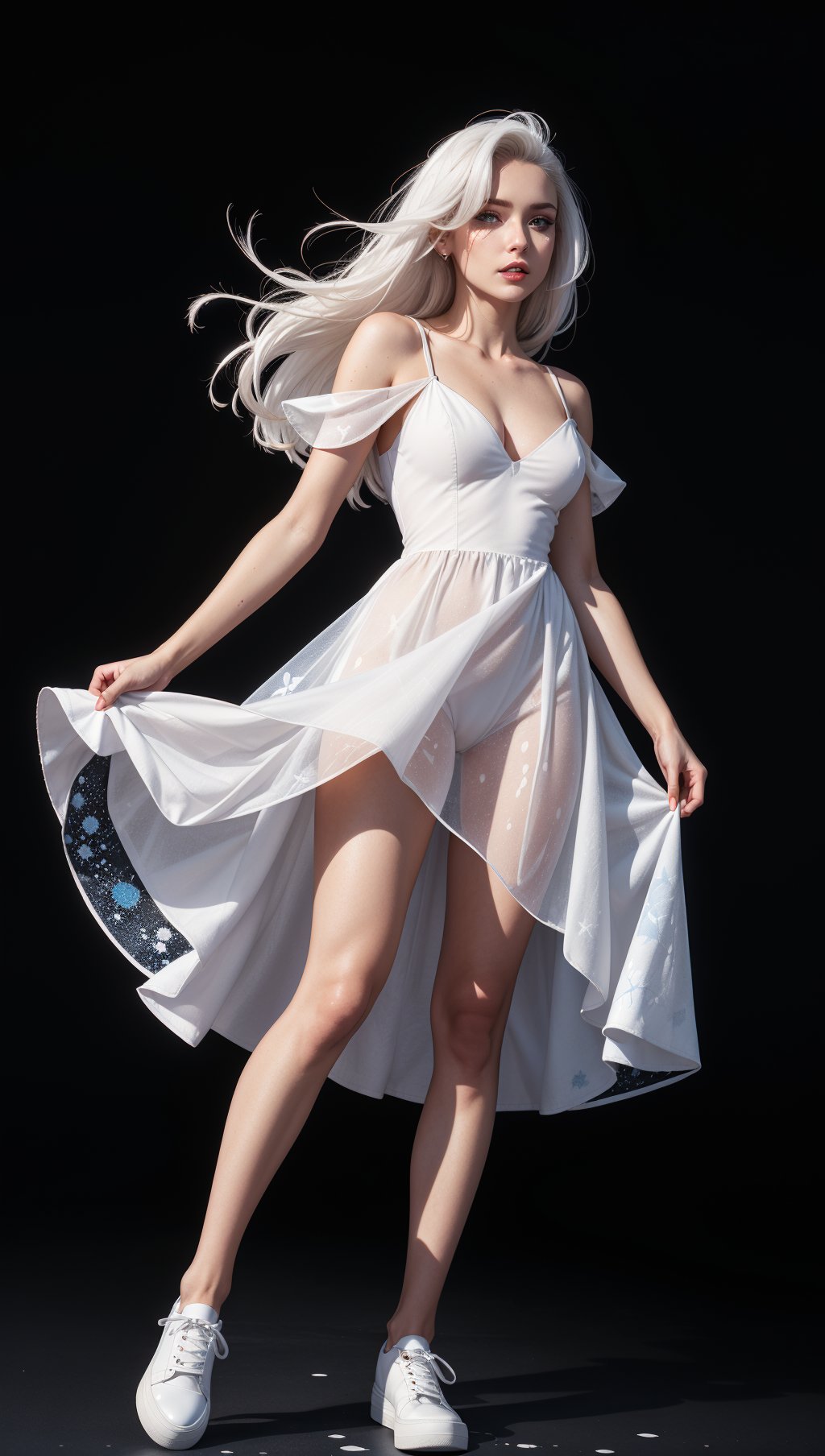 a woman with white hair and blue eyes,in a white dress with a black background and a splashs of paint all over,Celestial Skin,dark skin,flower-pattern,see-through white dress,black under cloths,facing viewer,hair blowing in the wind,white shoes,fantasy,white fires all over,
