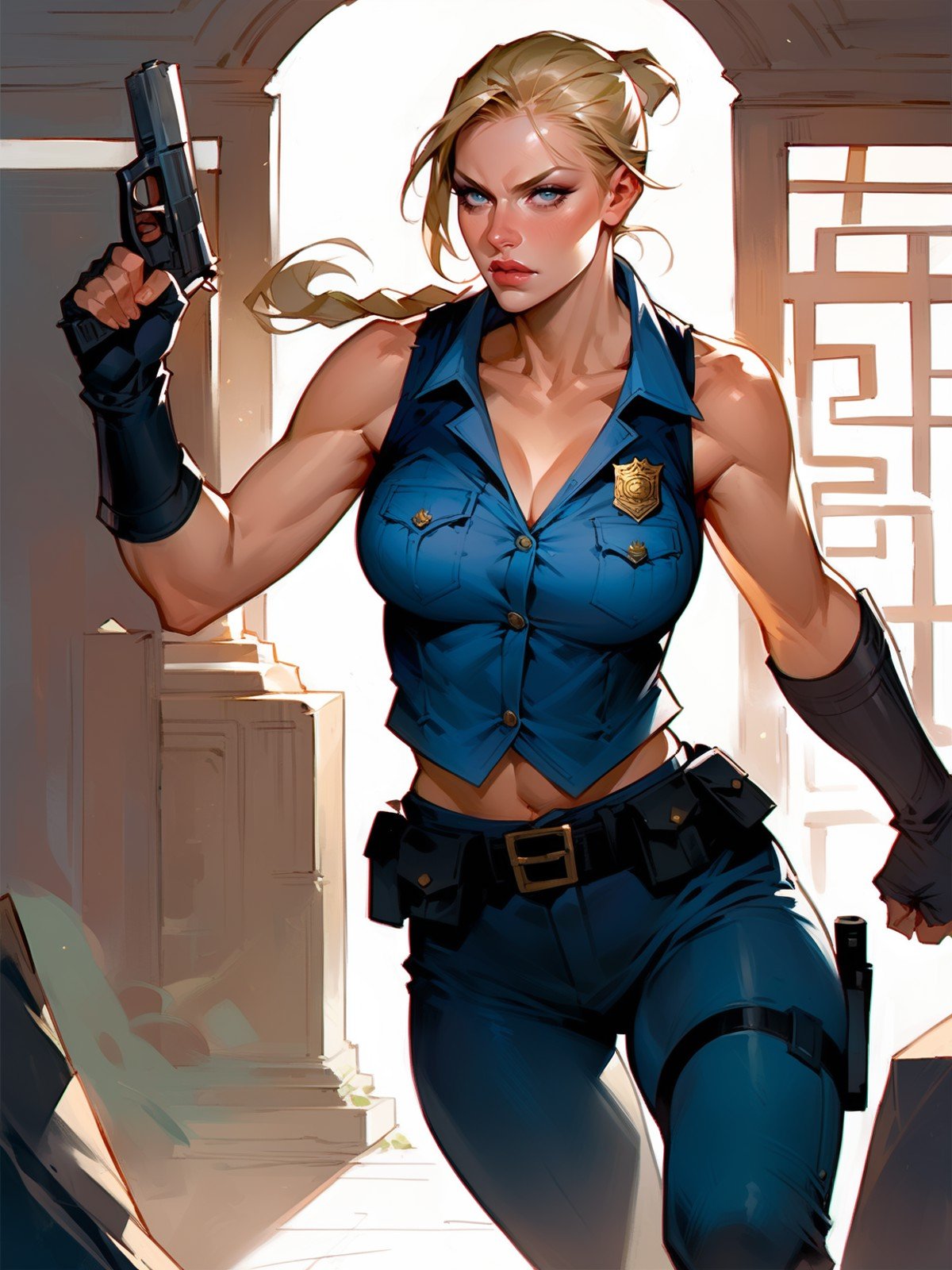 score_8_up, score_7_up, cowboy shot of athletic woman sonya blade in fighting stance, dynamic pose, black police uniform, unbuttoned, vest, pants, bare shoulders, toned, ancient chinese temple indoors