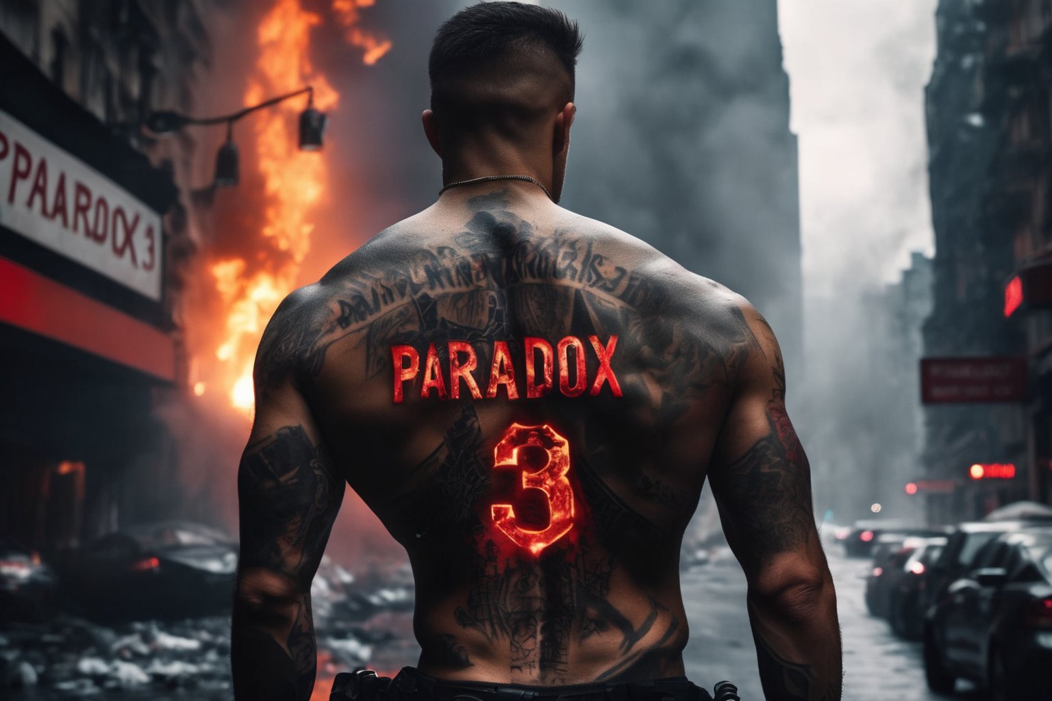 a cyberpunk soldier standing in a war city on fire, no shirt, with a tattoo on his back, with the huge red tattoo text: "PARADOX 3"