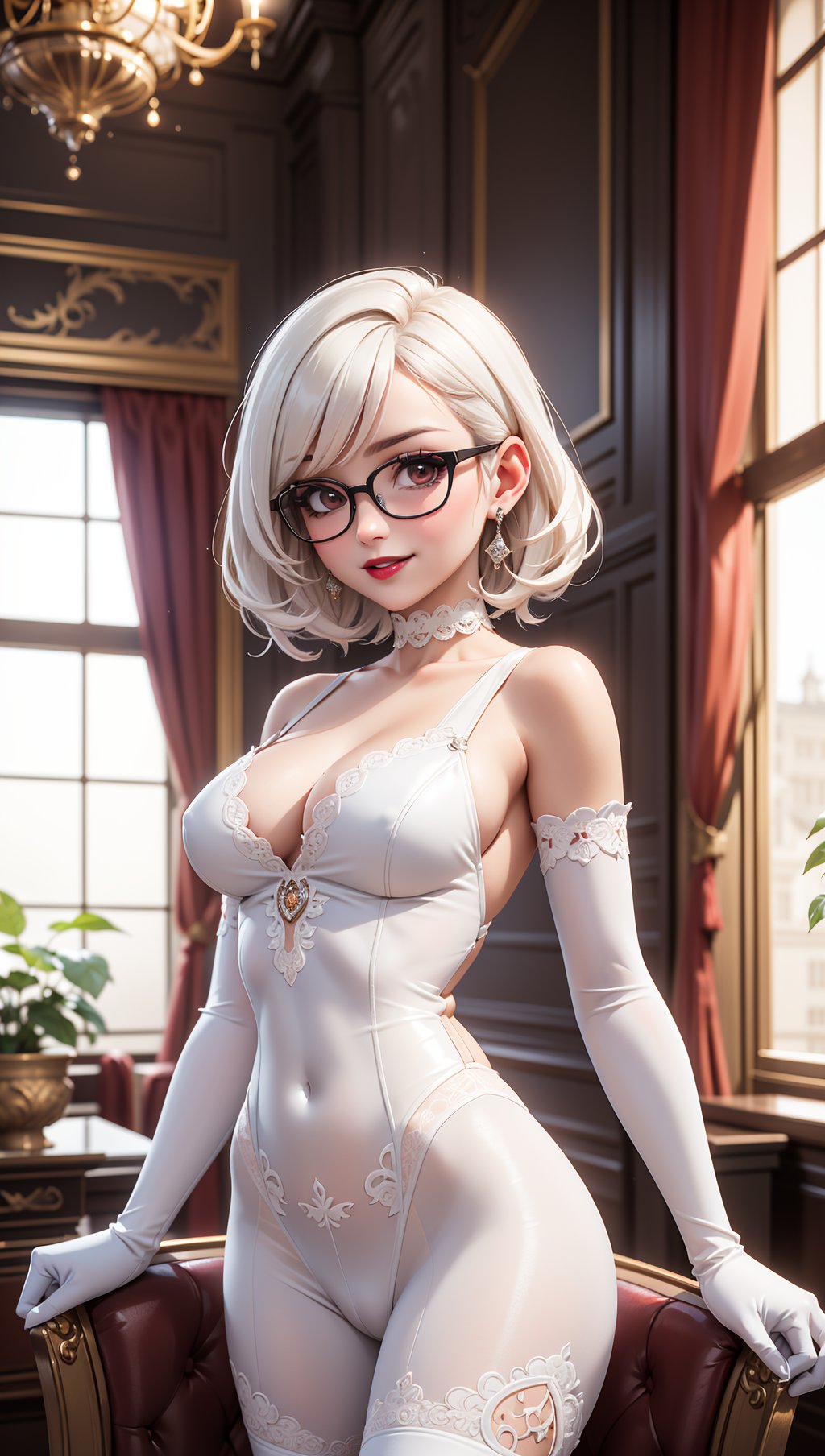 A photo of a young woman. (looking at the viewer). (short messy dark hair),(slender),(dark lips),flirting with the camera. (white sclera),(square glasses),(dark makeup),(white choker),(jewelry),(smiling),(dyed hair, hair color),(white intricate foliage filigree embroidered),(sleeved) plunging lace sheer v-neck (catsuit),(unitard),(long gloves, bolero),(well lit, warm natural light),ornate lavish rich aristocrat royal mansion,music room,art,drapes,curtains,carpets,rugs,doors,(chaise lounge) (confident, seductive, dominant, intimidating),