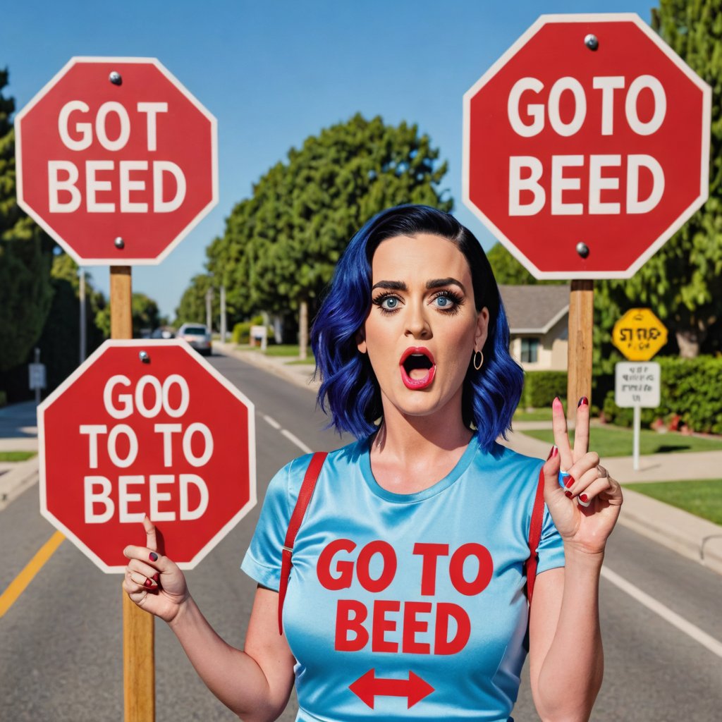 Photo of katy perry with a stop sign saying "go to bed meme"