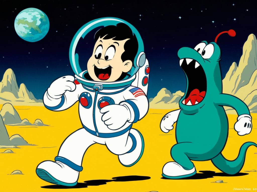(rubber_hose_character:1.1) <lora:RubberHose_Characters_SDXL_v1:1.3>,cartoon, frightened chinese astronaut, chased by a really ugly monster
