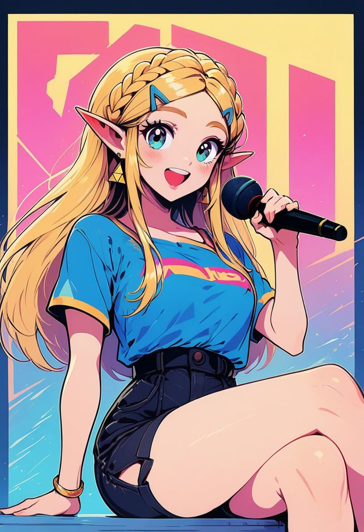 score_9, score_8_up, score_8, medium breasts, (curvy), cute, eyelashes,       BREAK, princess zelda, long hair, crown braid, hairclip, pointy ears, blue shirt, smile, looking at viewer, blush, open mouth,, shirt, holding, jewelry, sitting, upper body, short sleeves, earrings, shorts, striped, bracelet, short shorts, bare legs, black shorts, sandals, microphone, shirt tucked in, holding microphone, high-waist shorts,text, text in background,border, zPDXL,
