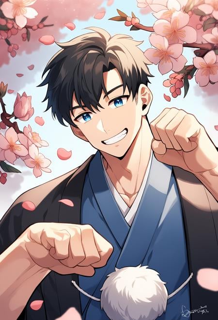 1boy, male focus, japanese clothes, yukata, muscular male, muscular, paw pose, solo, looking at viewer, grin, black hair, blue eyes, short hair, flower, petals, best quality, amazing quality, best aesthetic, absurdres, year 2023