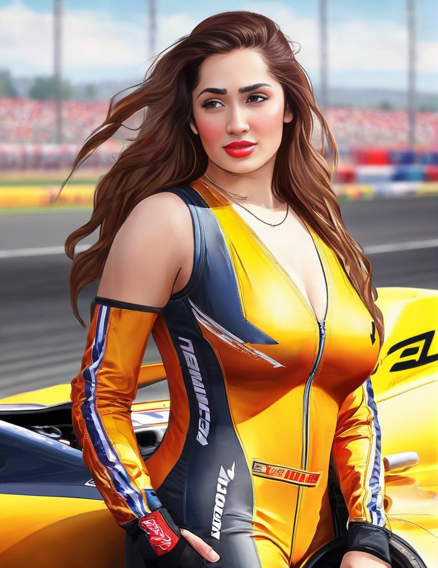 AditiMistry,<lora:AditiMistrySDXL:1> perfect anime illustration, 1girl, braided hair, medium hair, medium breasts, sidehair, racecar driver, ((firesuit, race track, car)), nascar, f1, indycar, (outdoors, speedway, track), standing next to a racing vehicle, hand on hip, good posture, looking at viewer. created by Artgerm, volumetric lighting, 8k, hdr, holga, 300mm lens f3. 5, aesthetic, unsharpened