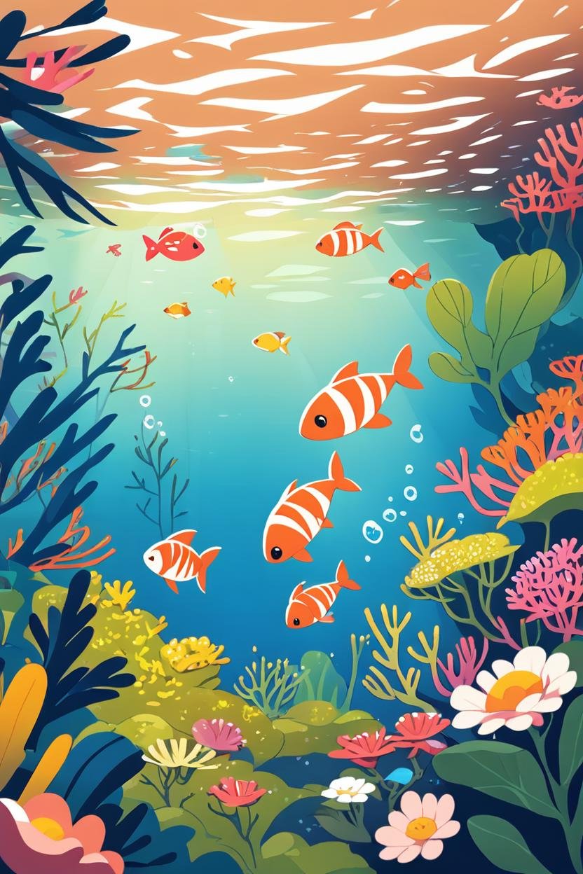 score_9, score_8_up, score_8,  fish, plant, animal focus, flower, outdoors, no humans, animal, underwater, bubbles, coral reef,  <lora:FlatAnimeP1:1.1>,