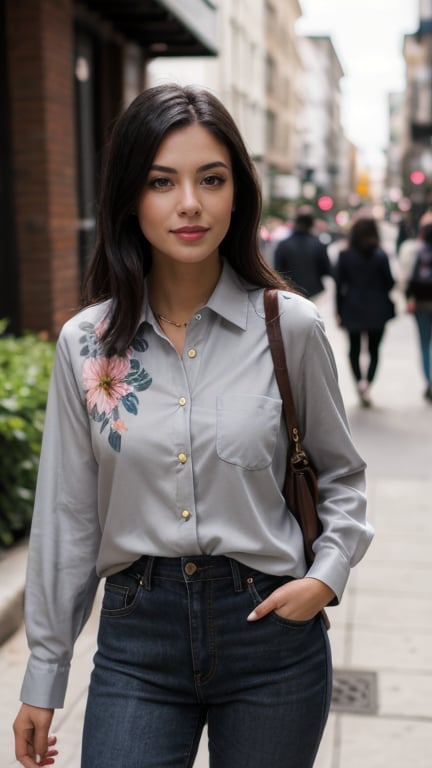 Portrait of a beautiful woman with dark hair, gray eyes, open floral Shirt, on the street.