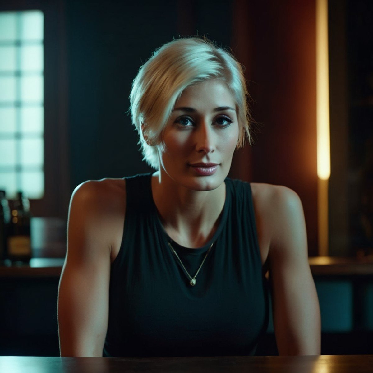 cinematic film still of  <lora:Marie Claude Bourbonnais:1.2> Marie Claude Bourbonnaisa woman sitting on a table in a dark room Cinematic Film Style, shallow depth of field, vignette, highly detailed, high budget, bokeh, cinemascope, moody, epic, gorgeous, film grain, grainy