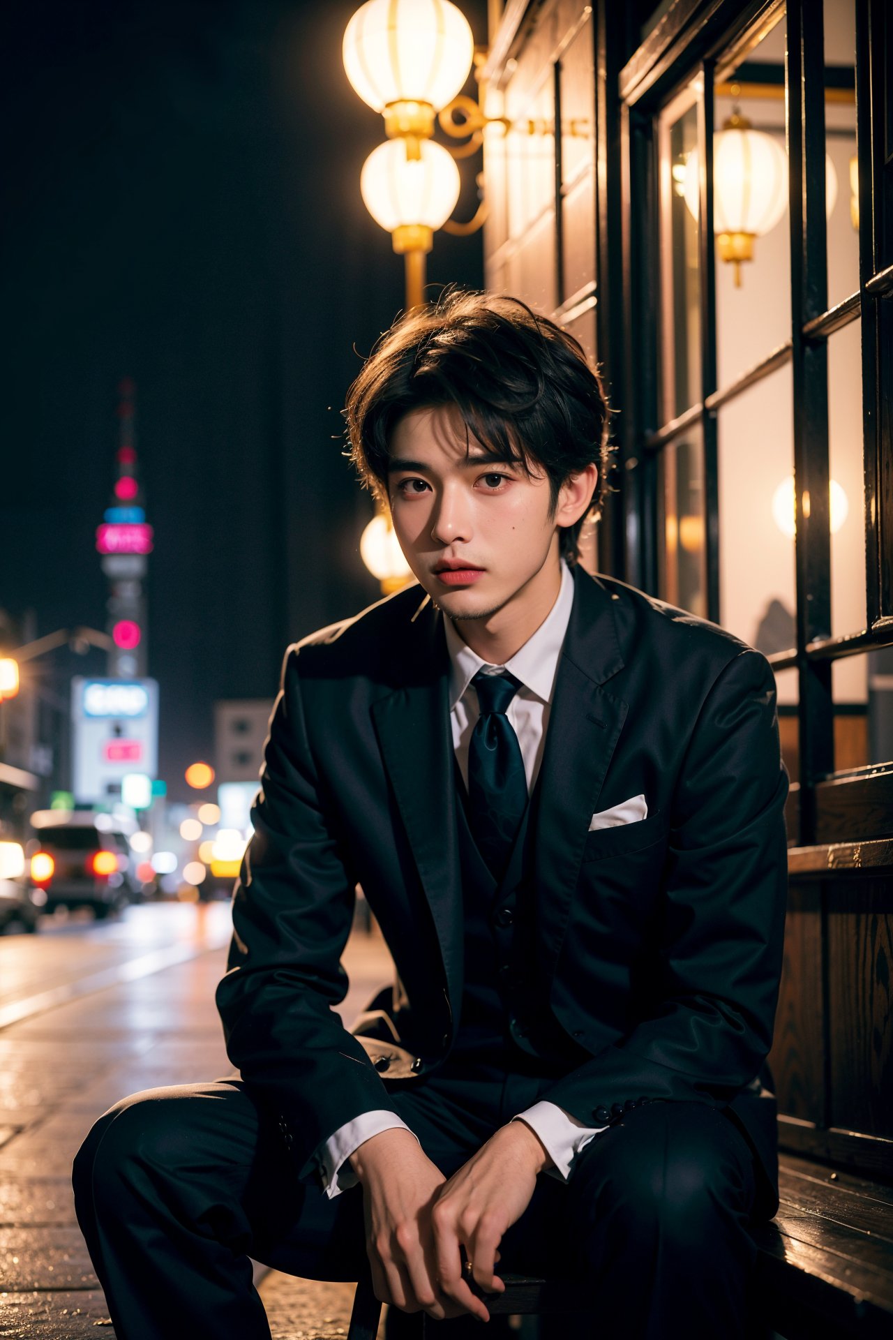 (Best Quality,Masterpiece,Ultra High Resolution,detailed face,beautiful and aesthetic:1.2),(Mottled silhouettes:1.3),black suit,1boy\(31-years-old, Chinese and korean mixed\),The wind ruffled his hair,crisp suit,handsome young adult manly man,sit on the steps,charming night view of shanghai,exaggerated,Charming night view,small street restaurant,