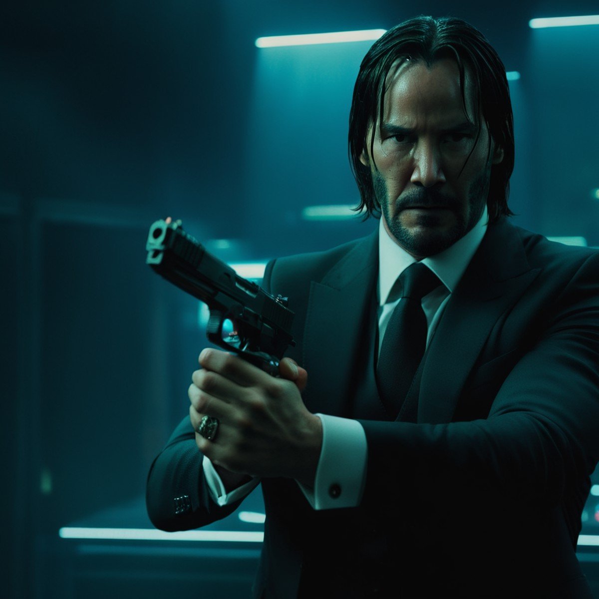 cinematic film still of  <lora:STI 1911:0.8>John Wick, a man in a suit holding a TTI Pit Viper hand gun weapon, shallow depth of field, vignette, highly detailed, high budget, bokeh, cinemascope, moody, epic, gorgeous, film grain, grainy
