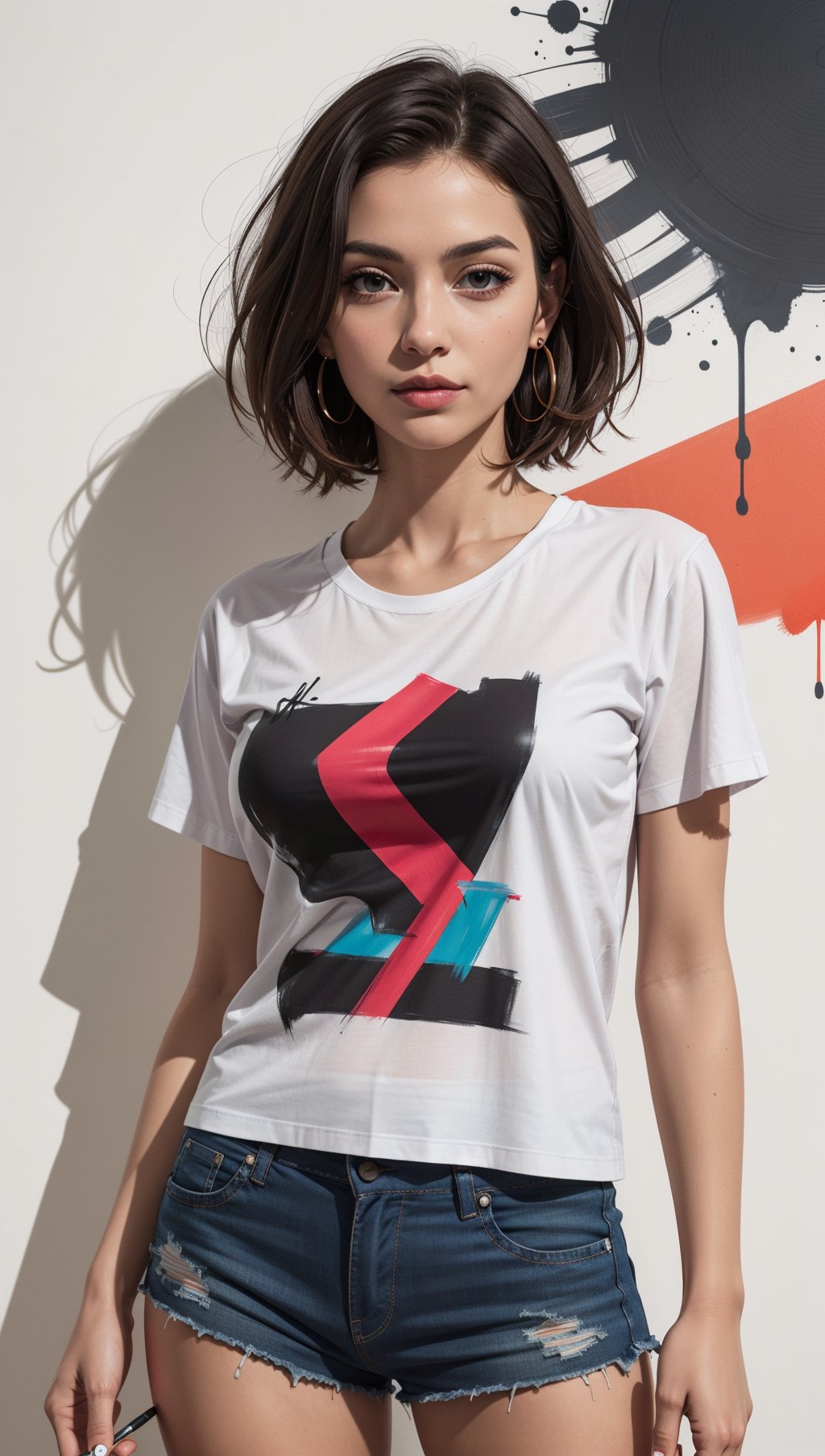 A color poster of a mixture of graffiti and paint on a wall,portrait of a woman,upperbody,wearing white t-shirt,minimalist,with dynamic movement and bold colors,mixture,