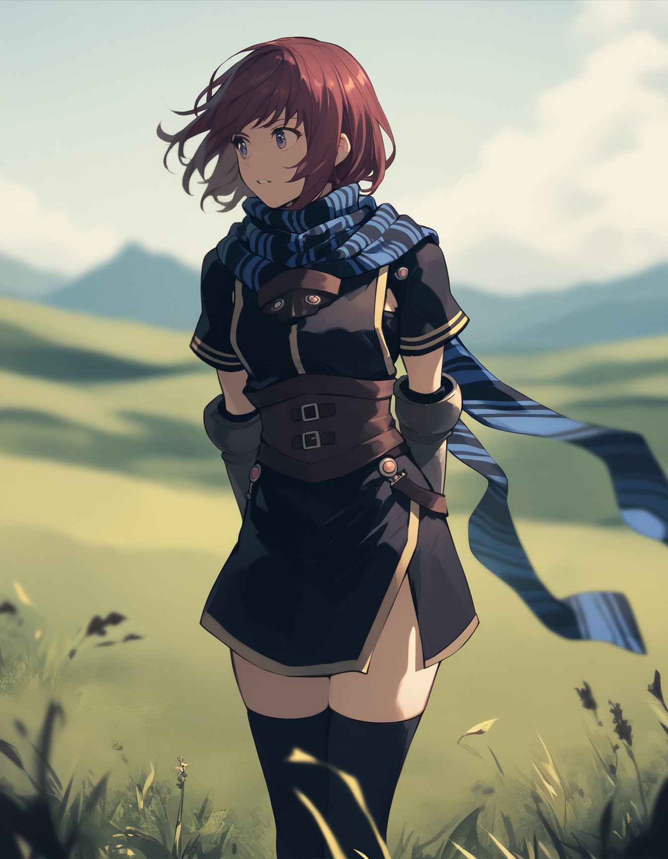 score_9,  score_8_up, score_7_up <lora:nel-zelpher-ponyxl:1> nel zelpher, black dress, short dress, striped scarf, vambraces, fingerless gloves, black thighhighs,depth of field, field, grass, arms behind back