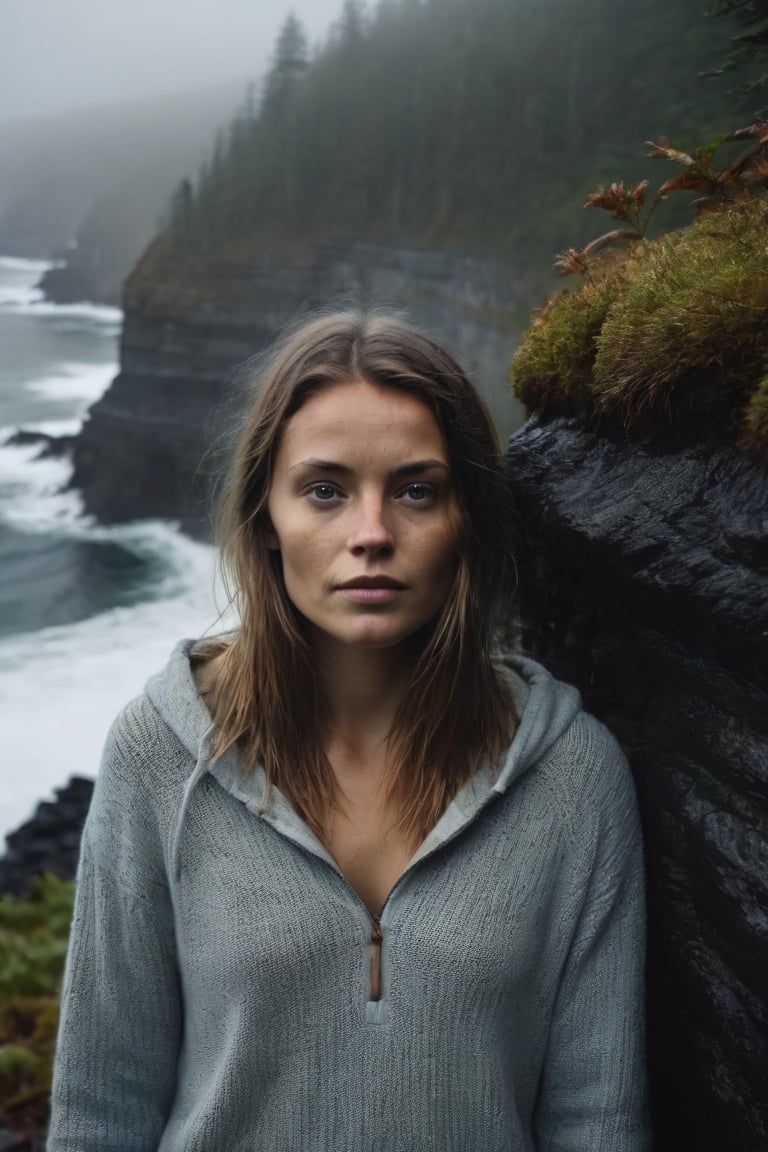 (Cinematic Photo:1.3) of (Ultra detailed:1.3) Young adult on cliff front side raining ocean at bottom of cliff dark foggy forest background, mythical view of girls face with forest behind her