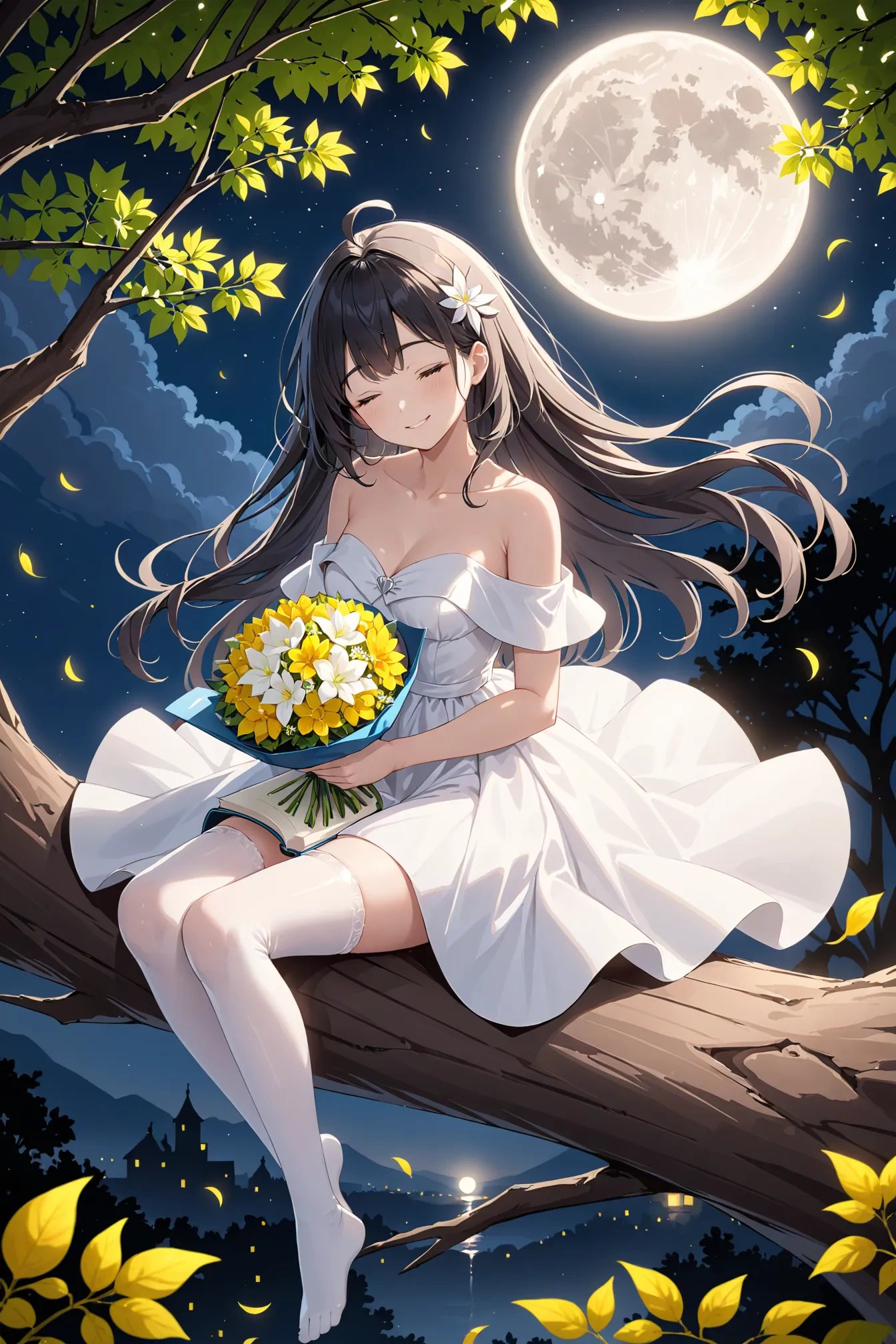 1girl, solo, masterpiece, best quality, ahoge, bare shoulders, black hair, book, bouquet, capelet, closed eyes, collarbone, dress, eyebrows hidden by hair, floating hair, full moon, grey eyes, heart, leaf, light rays, long hair, looking at viewer, moon, night, night sky, sitting, sitting in tree, smile, white dress, white legwear