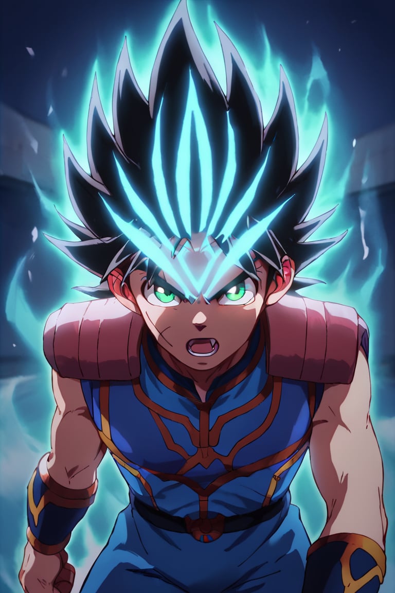 score_9,score_8_up,score_7_up,source_anime,1boy,solo,looking at viewer, Dai,black hair, green eyes,scar, scar on face, open mouth, Blue clothes,facial mark, aura, glowing, spiked_hair, standing<lora:EMS-409148-EMS:1.000000>
