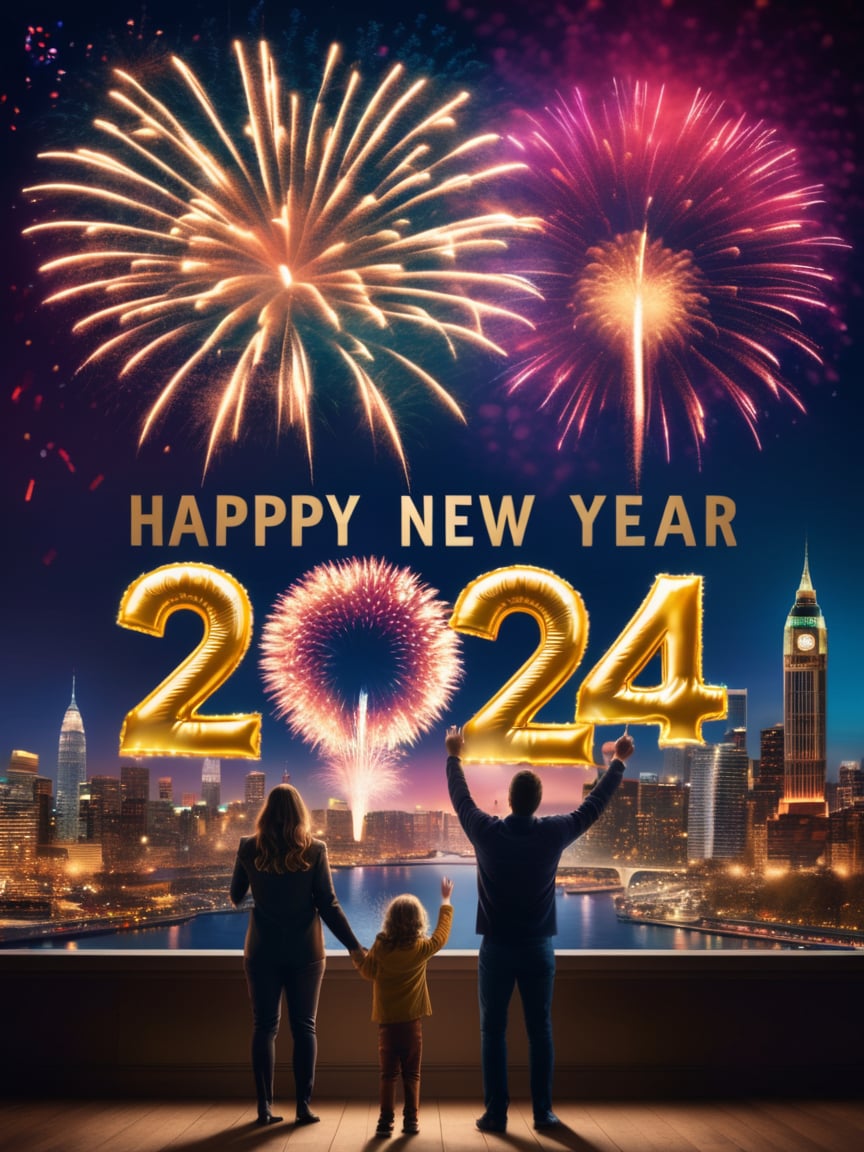 A family watches fireworks explode over a city skyline,with a sign that says ("Happy New year":1.9) (2024:2), realistic,best quality,