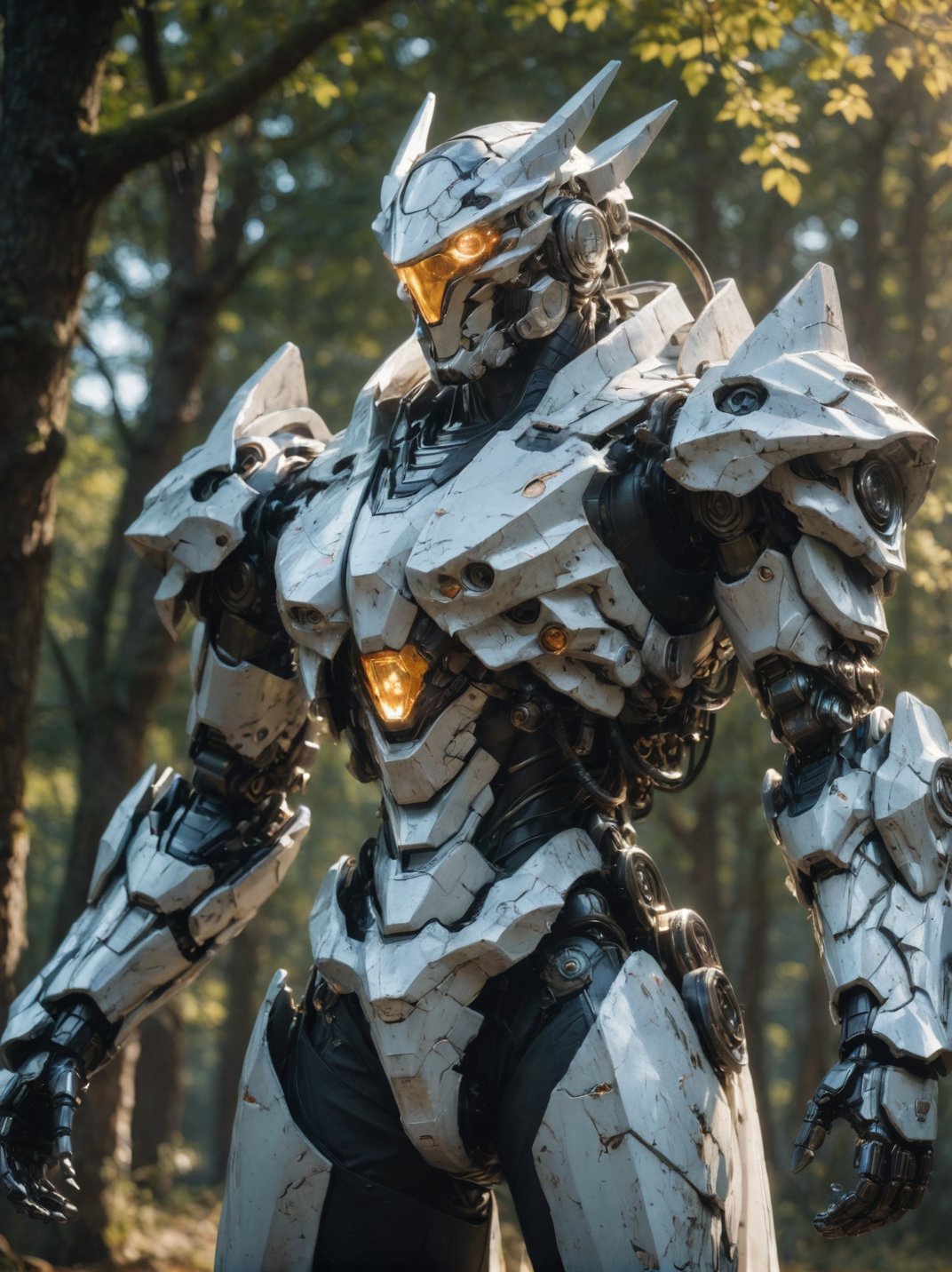 masterpiece, best quality,cinematic film still, realistic, portrait, solo, white mecha robot, cape, science fiction, torn clothes, glowing, standing, robot joints, mecha, armor, cowboy shot, (floating cape), intense sunlight, silver dragonborn, outdoors, landscape, naturehighres, 4k, 8k, intricate detail, cinematic lighting, amazing quality, wallpaper <lora:aesthetic_anime_v1s:1.1>