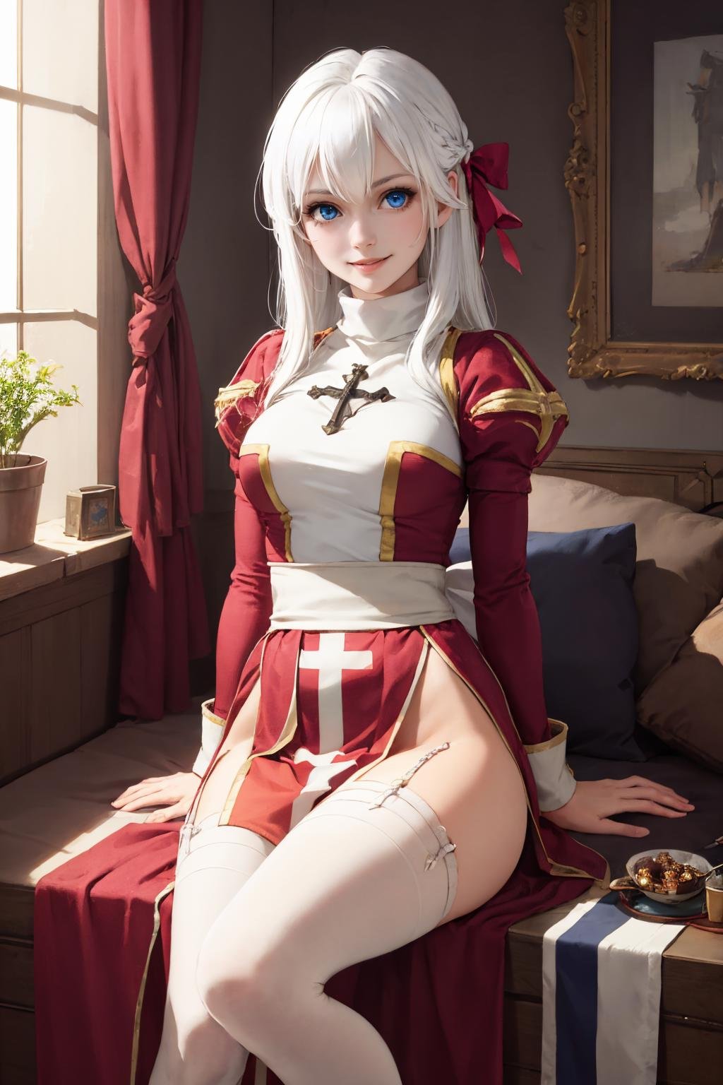 (masterpiece, best quality:1.2), solo, 1girl, smile, looking at viewer, long hair, white hair, blue eyes, ragnarokhighpr, cross, bow <lora:attire_ro_highpriest-10:1>