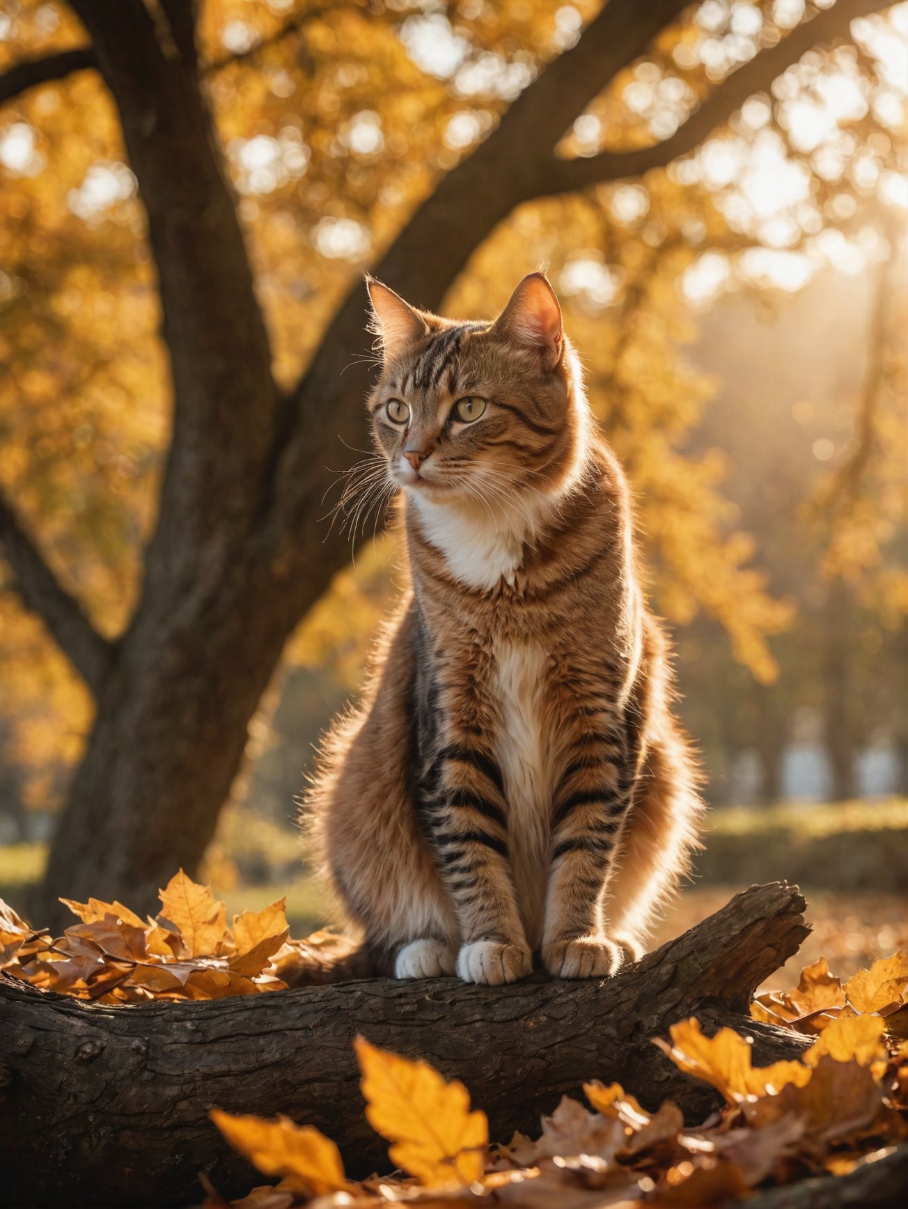 photo of a Cat poised gracefully atop an ancient oak tree, autumn leaves fluttering around, golden hour casting long shadows, backlit, sharp focus on feline, bokeh effect on background foliage, cinematic film still.