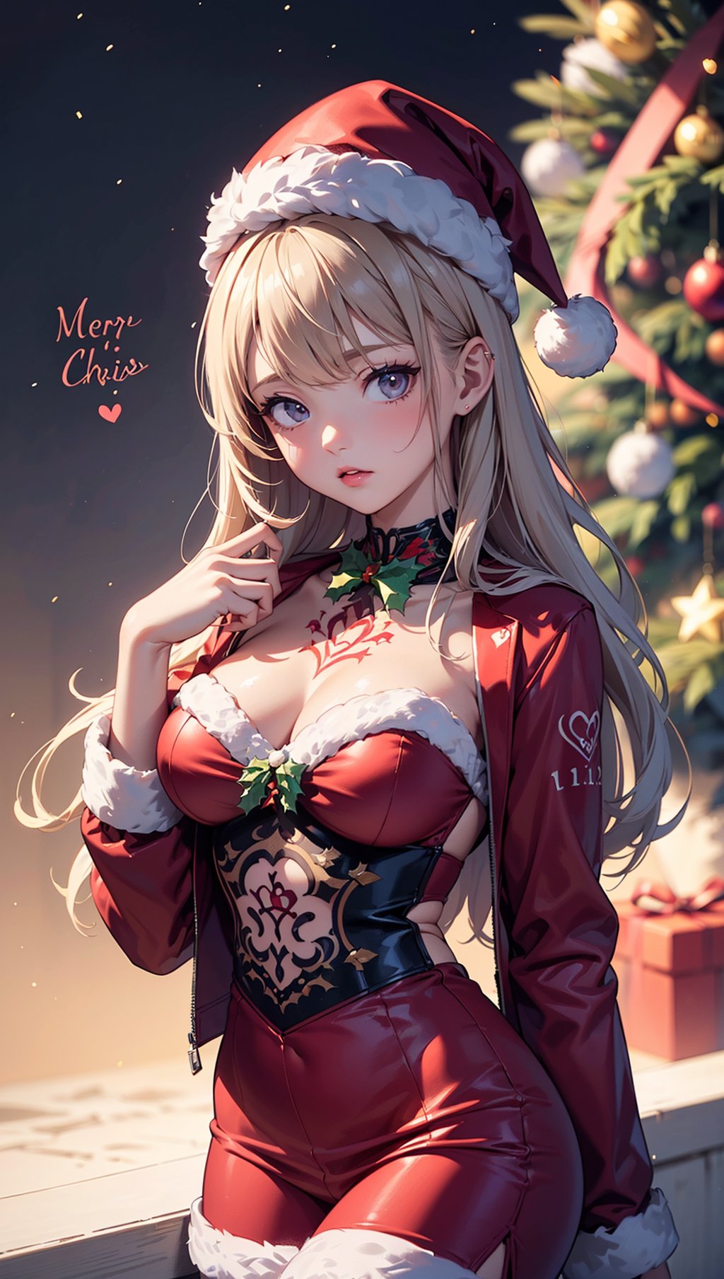 (1girl:1.2, body covered in words, words on body:1.1, christmas tattoos of (words) on body:1.2),(masterpiece:1.4, best quality),medium breasts,(intricate details),unity 8k wallpaper,ultra detailed,(pastel colors:1.3),beautiful and aesthetic,red christmas jacket (clothes),detailed,solo,