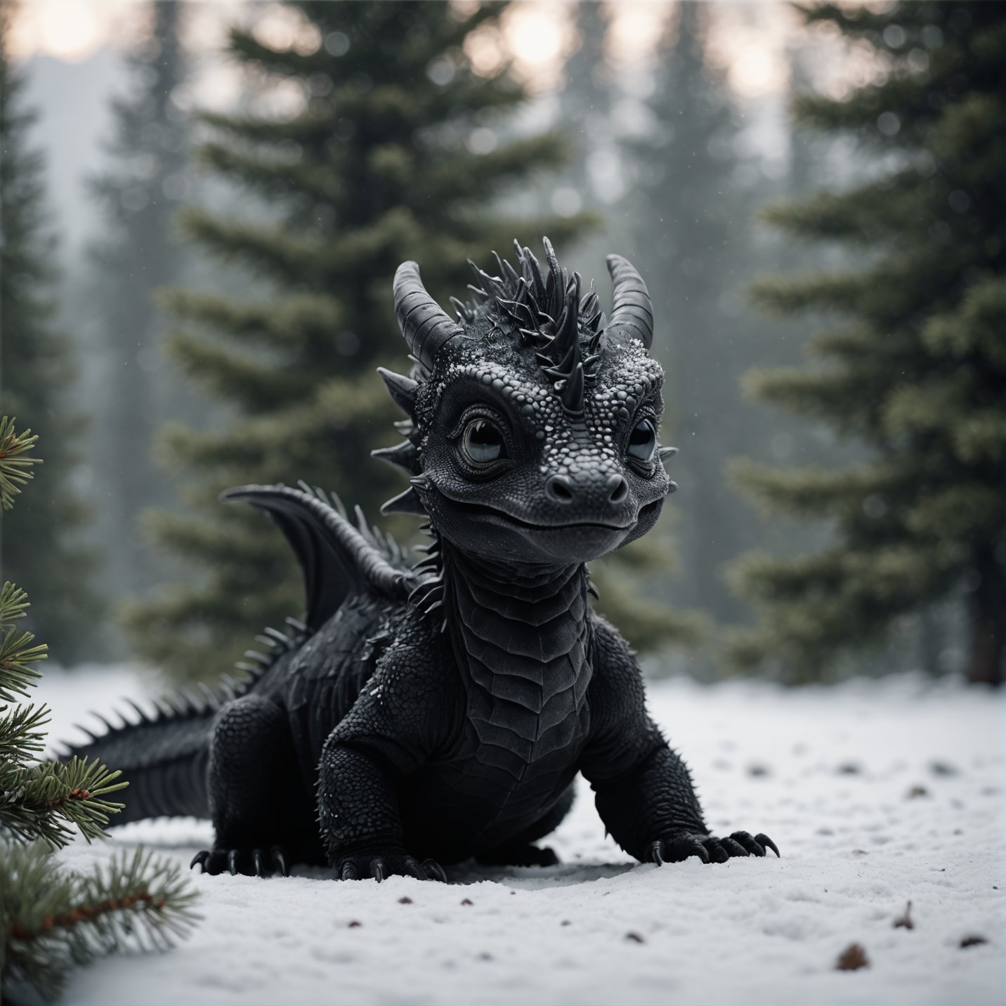 photo of a tiny baby black dragon. pine tree in a winter wonderland. (Cinematic. close up, shallow depth of field, macro camera, desaturated cinematic film still:2), dust. Blurry, motion blur. atmosphere. (realistic, film grain, blurry foreground, out of focus:2). The camera is very close to the subject. The dragon is newborn.