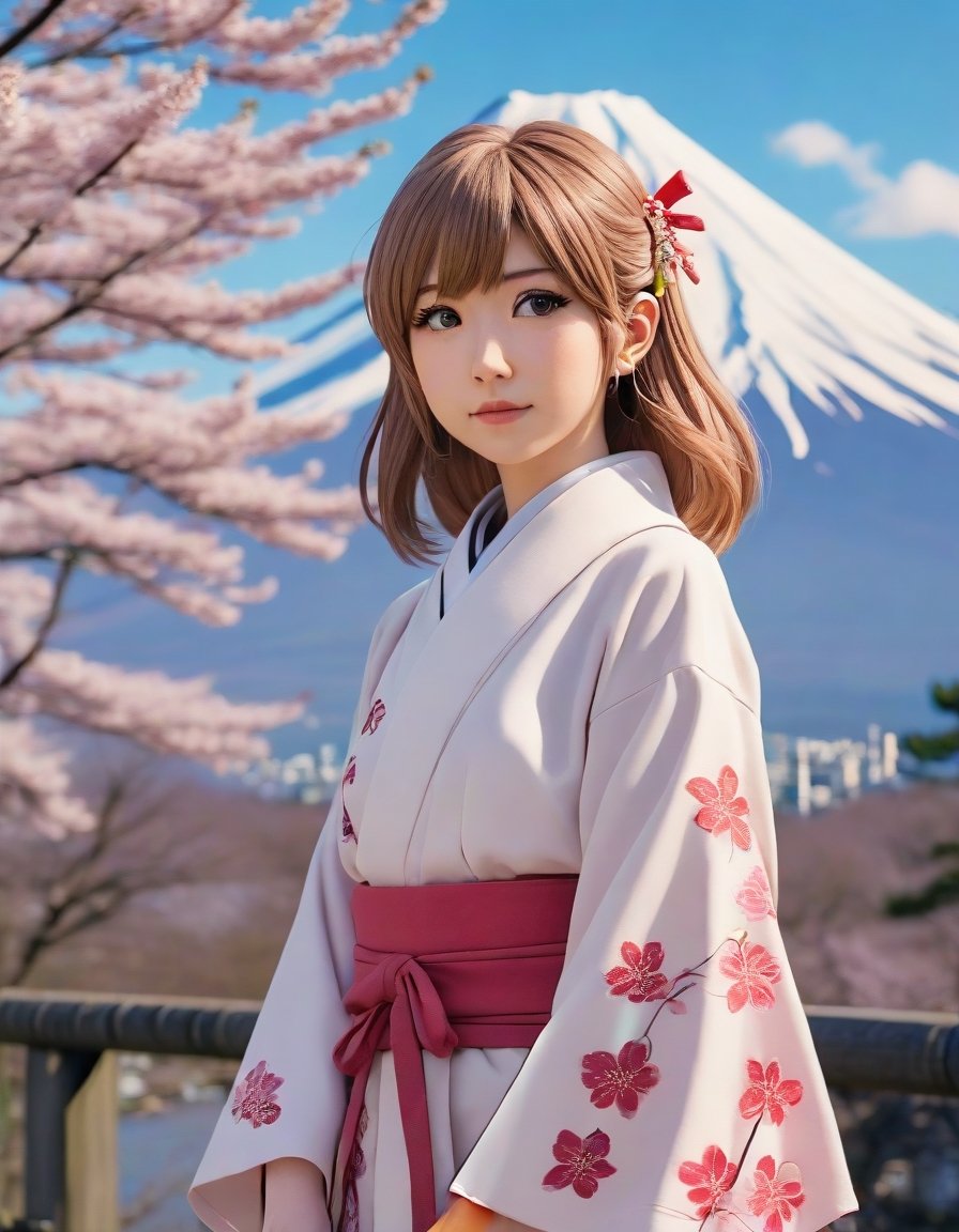 Waifu girl, anime style, in nature in Tokyo, mt fuji in background, cherry blossoms