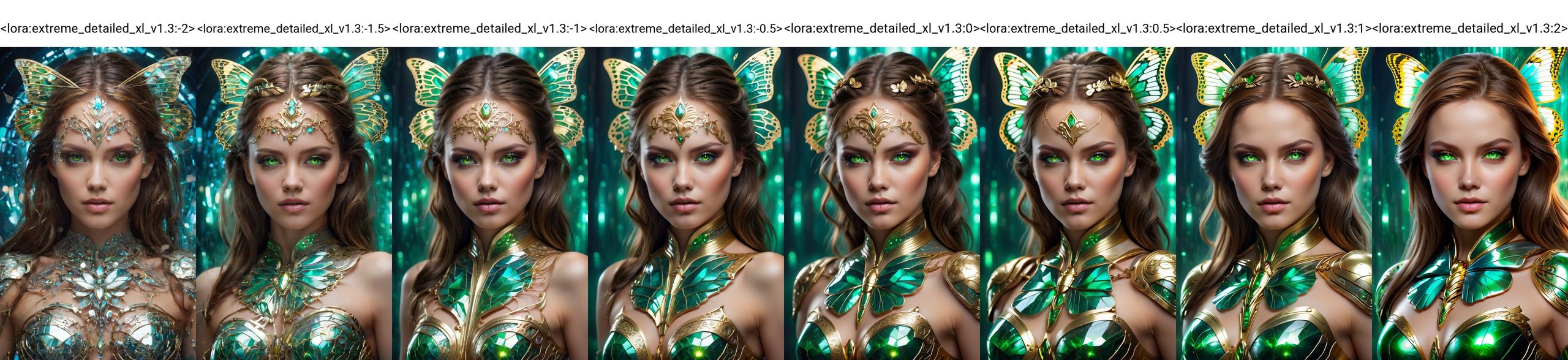(best quality,8K,highres,masterpiece), ultra-detailed, (portrait of a stunning beauty woman, a beautiful cyborg with brown hair and sharp green eyes), an enchanting portrait capturing the beauty of a cyborg woman with striking brown hair and sharp green eyes. Her features are intricate and elegant, with every detail meticulously rendered to showcase her majestic presence. The portrait is captured through digital photography, allowing for the highest level of detail and realism. Adorning her cyborg form are delicate gold butterfly filigree accents, adding a touch of ethereal beauty to her appearance. Translucent fairy wings extend from her back, hinting at her otherworldly nature and grace. Surrounding her is a shattered glass motif, symbolizing both her fractured humanity and her resilience. This artwork captures the juxtaposition of beauty and technology, inviting the viewer to explore the depths of her character and identity. Feel free to add your own creative touches to enhance the realism and detail of this captivating portrait. <lora:extreme_detailed_xl_v1.3:-2>