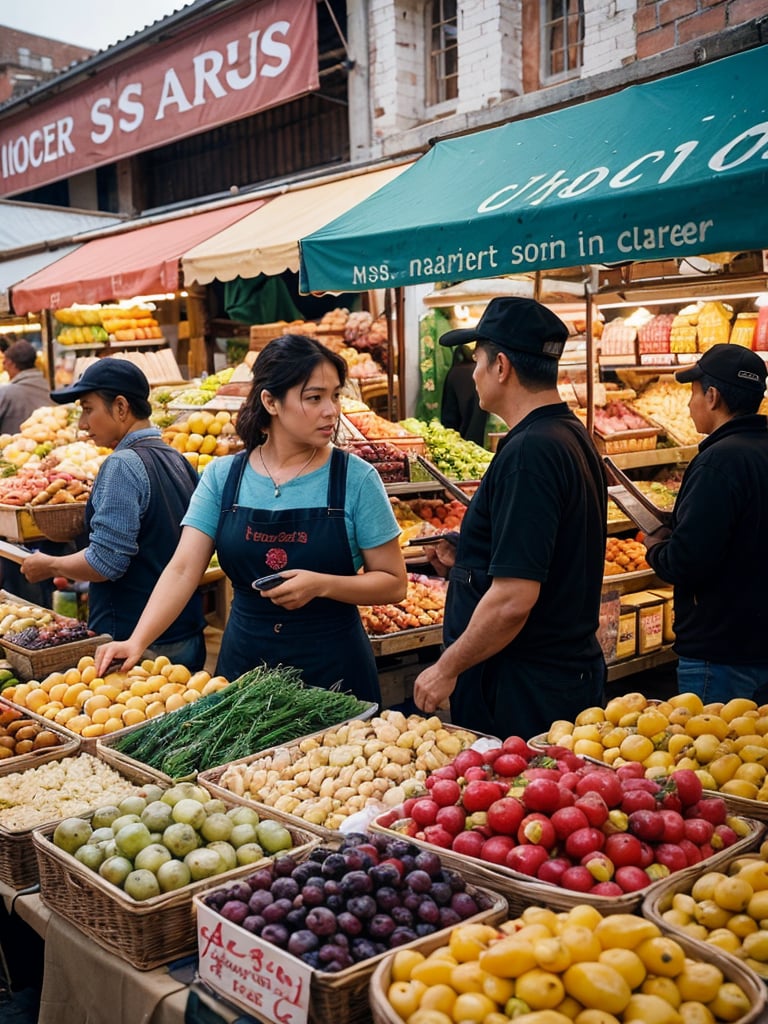 A photo of a bustling market in a historic city, capturing the vibrant chaos of colors, textures, and people, with a focus on the interactions between vendors and customers that bring the scene to life.