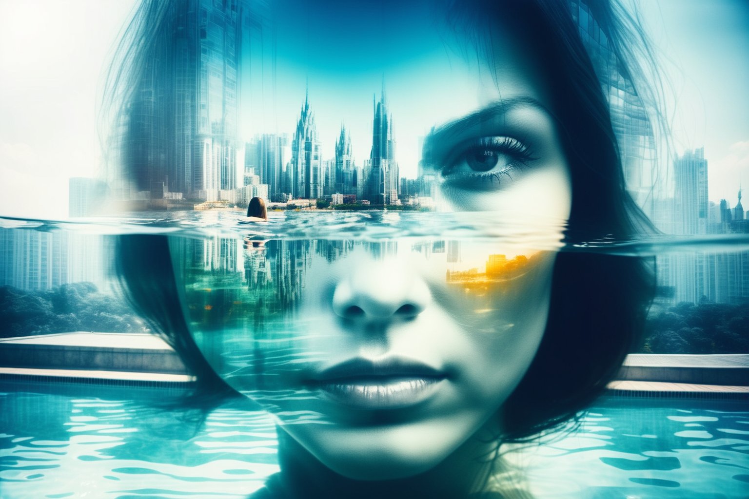 a very abstract double exposure view of a lady face, their head contains a swimming pool, with people swiming in the pool in their head, city backdrop