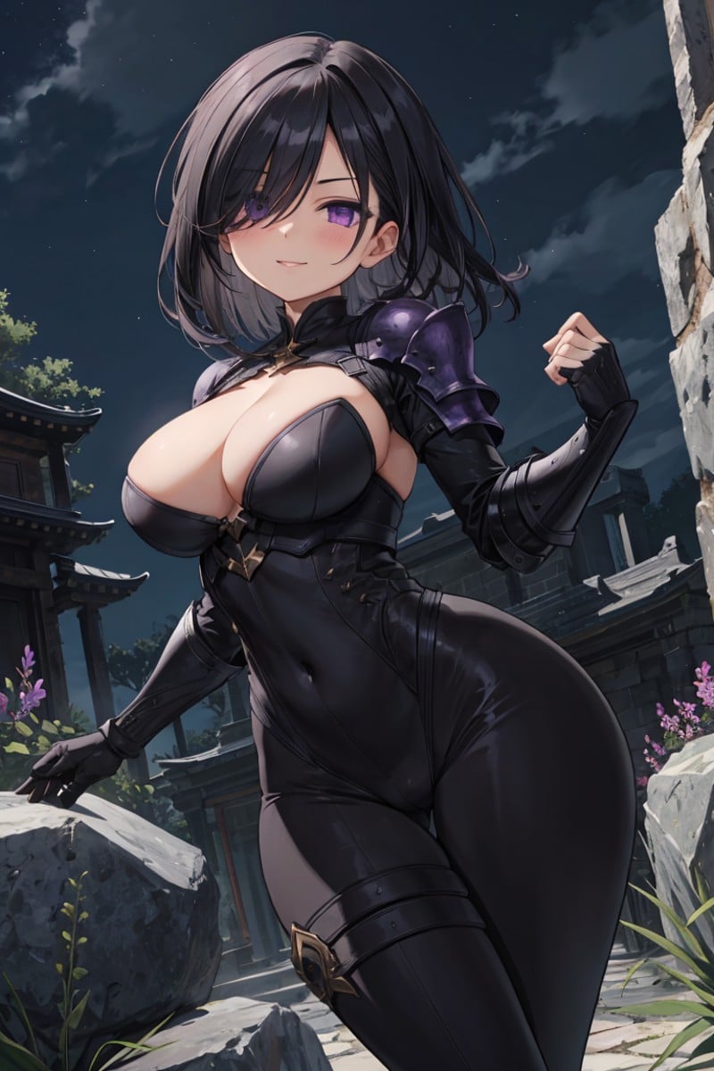 highres, official art, cinematic darkness, smug woman, large breasts, wide hips, short black hair with sideswept bangs, hair over one eye, violet eyes, skintight bodysuit, armored gauntlets and greaves, overgrown stone temple, (night)+