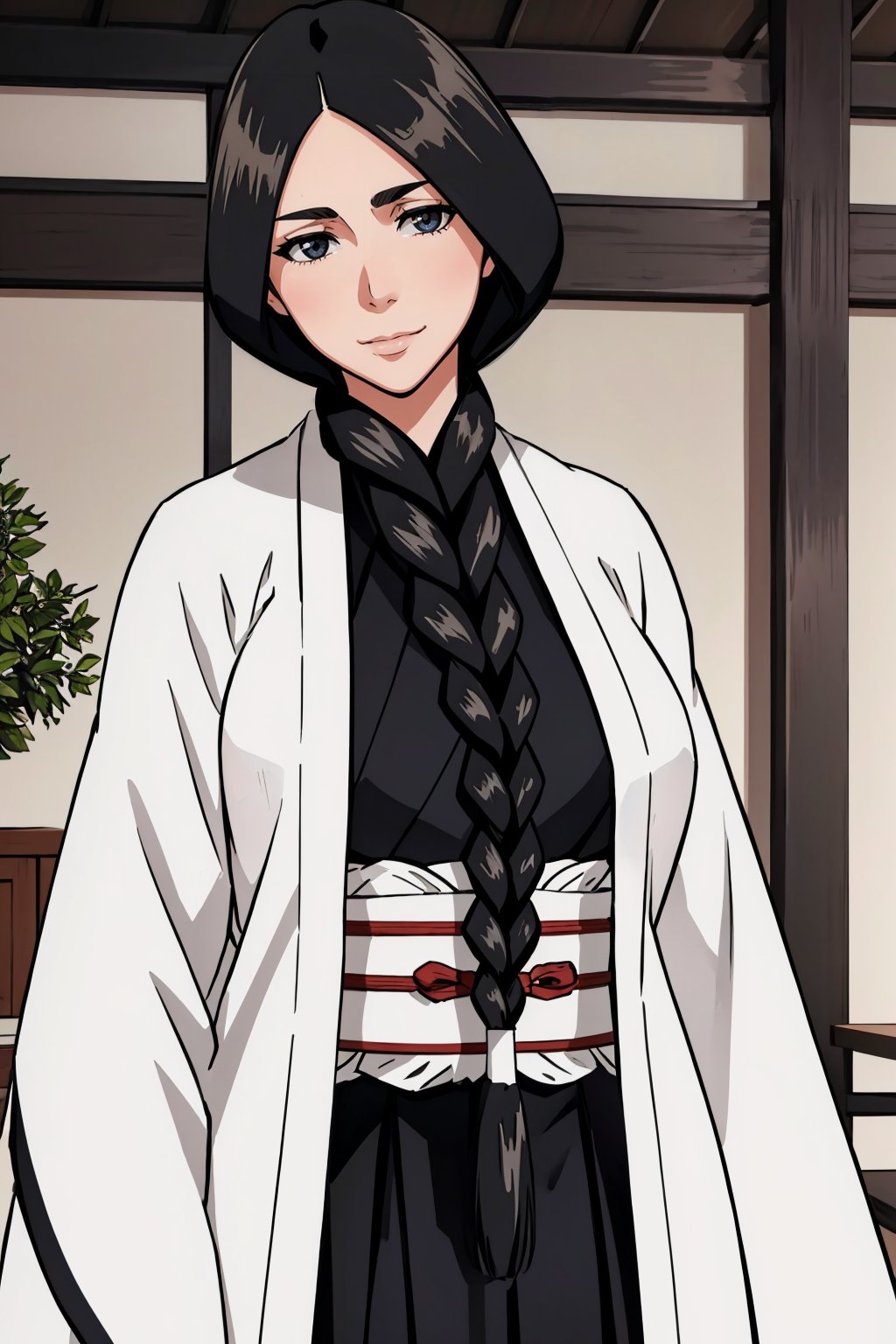 masterpiece, best quality, <lora:unohanaretsu-nvwls-v1-000009:0.9> unohana retsu, single braid, white coat, black kimono, black skirt, large breasts, mature female, standing, looking at viewer, head tilt, smile, blank eyes, furrowed brow, upper body