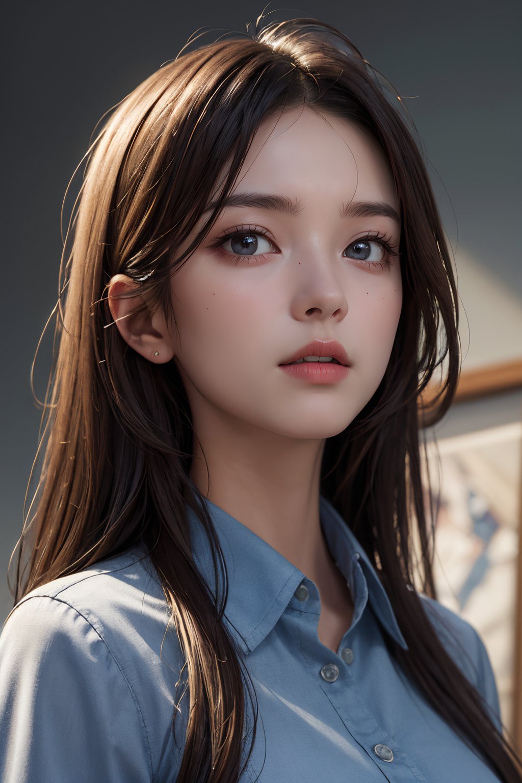 photorealistic, masterpiece, best quality, raw photo, 1girl, solo, long hair, brown hair, detailed face, alluring face, collared shirt, medium breasts, dynamic pose, looking at viewer, from below, detailed background, fine detailed, intricate detail, ray tracing, depth of field, low key, hdr, (masterpiece,best quality:1.5)