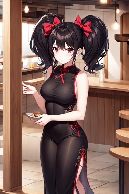 1girl, solo, mega twintails, black hair, red bows, cheongsam, tsurime, (big hair), restaurant, standing, full body <lora:mega_twintails-1.1:0.8>