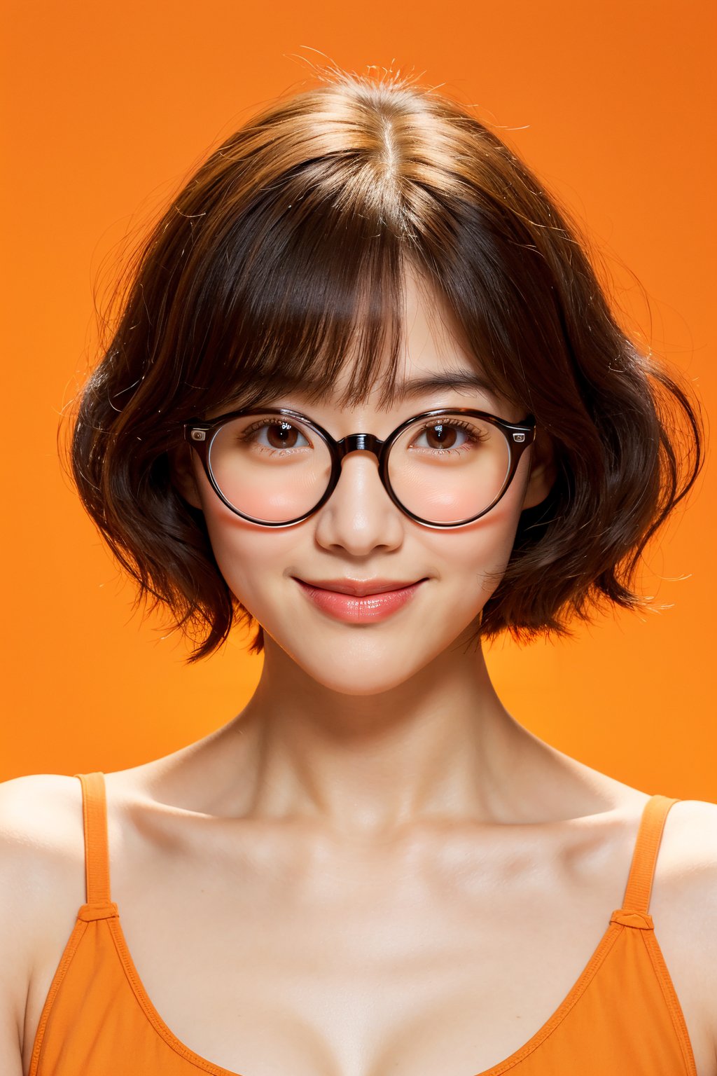 woman, bob hair, asymmetrical bangs, (round thick glasses), upper body, light smile, cute makeup, (orange camisole:1.2), orange background, (oily skin:1.2), (front view:1.2)