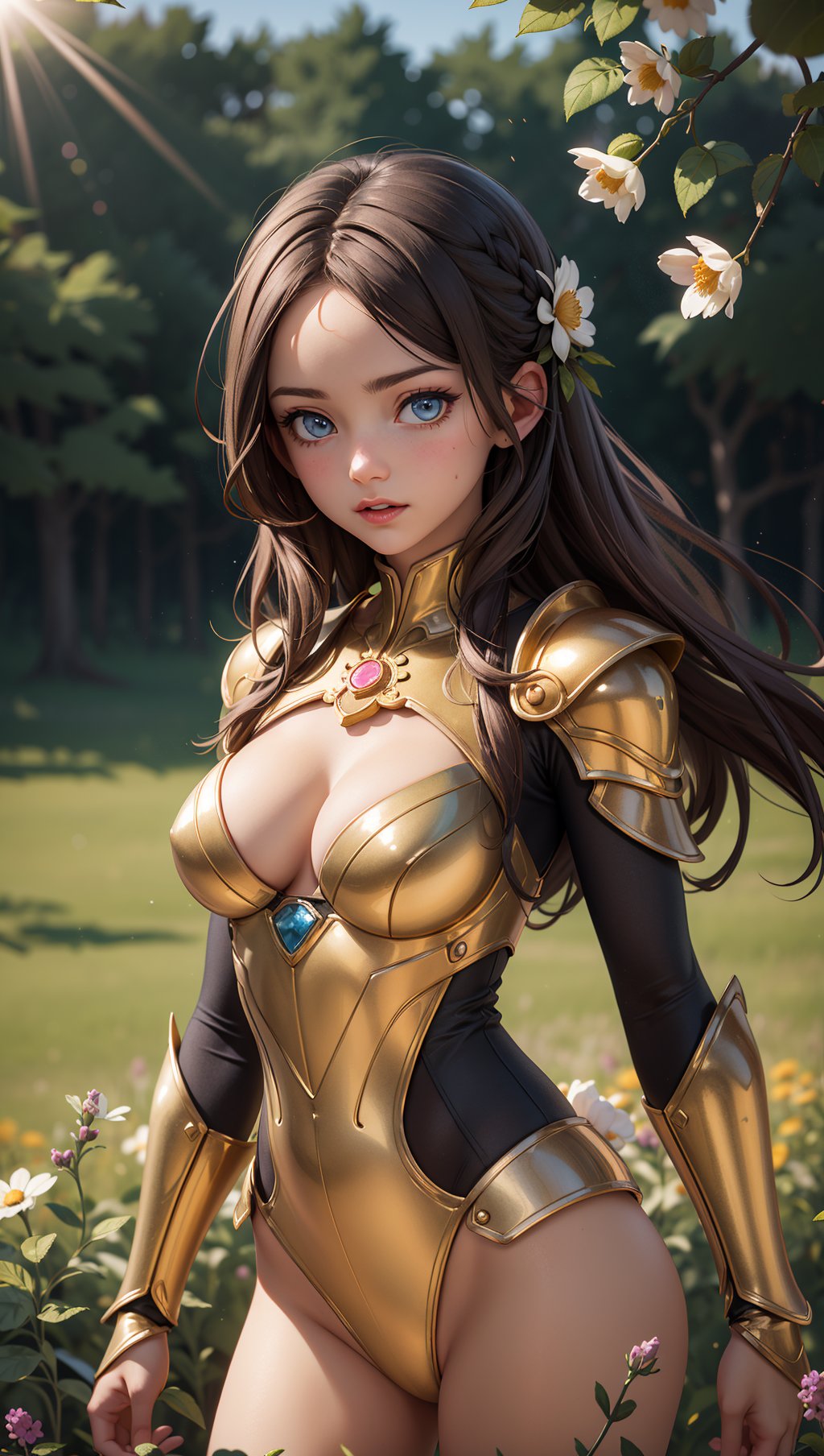 (masterpiece),(best quality),(extremely intricate),(sharp focus),(cinematic lighting),(extremely detailed),A young girl in armor,standing in a meadow of wildflowers. She has long brown hair adorned with wildflowers. Her expression is determined,and her eyes are shining with courage. The sun is shining brightly behind her,casting a golden glow over the scene.,flower4rmor,flower bodysuit,Flower,