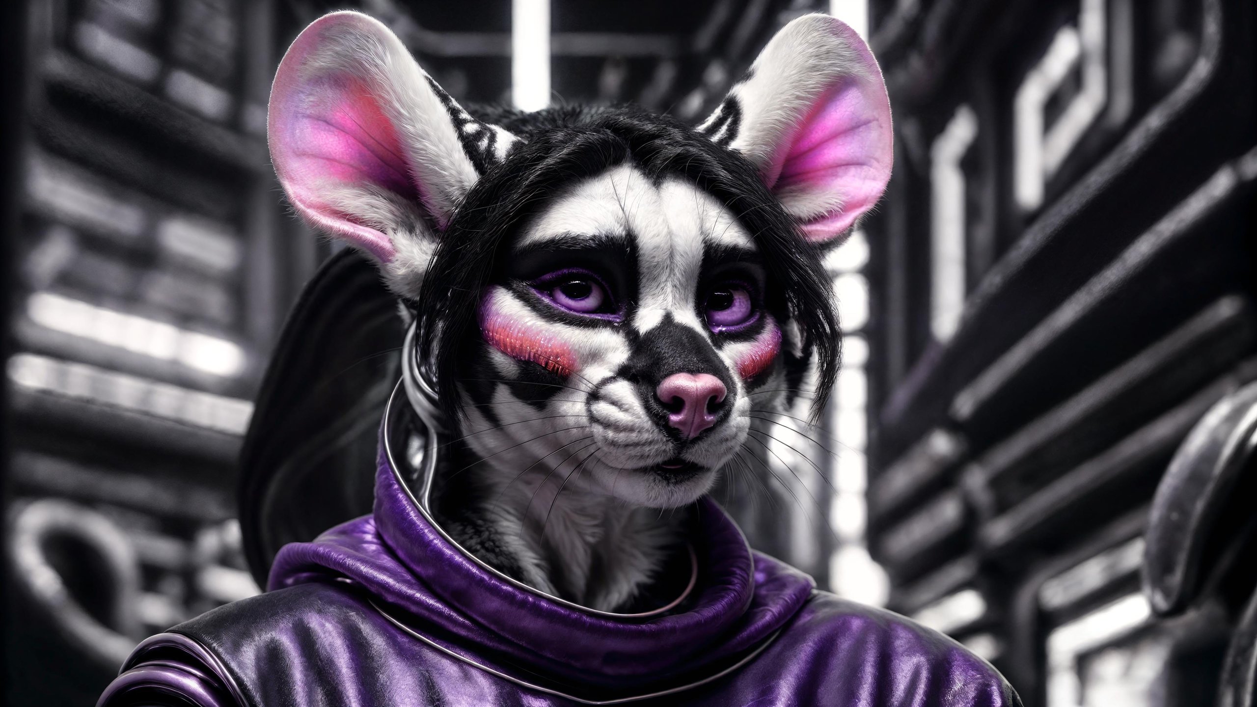 <lora:add_detail:0.8>, <lora:astronomy_wallpapers01:1>, detailed background cyberpunk, masterpiece, detailed, colors(black and white:1.2)and violet, scene, portrait, face closeup, mouse, realistic fur, detailed eyes, <lora:gachaSplashLORA_v40:1>