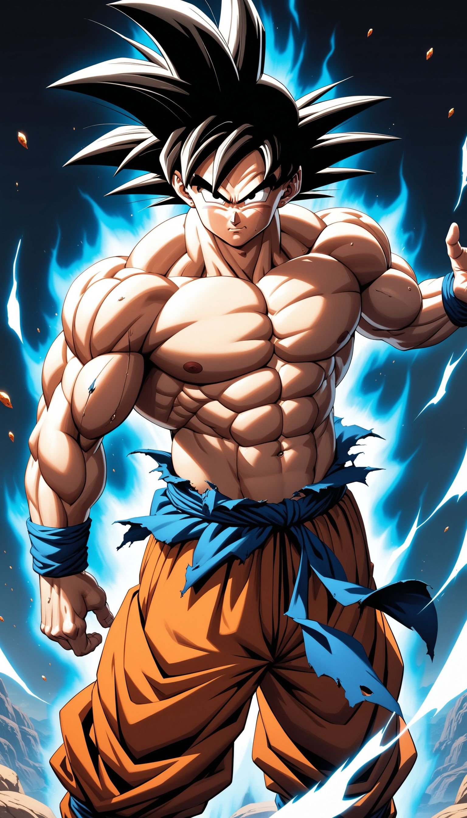 (masterpiece, best quality, very aesthetic, ultra detailed), intricate details,1boy, male focus, son goku, dragon ball, abs, muscular, aura, ultra-instinct, floating, torn clothes