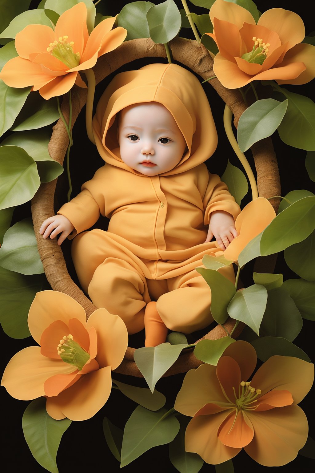<lora:婴儿写真:0.7>,flower,baby,leaf,orange tone,