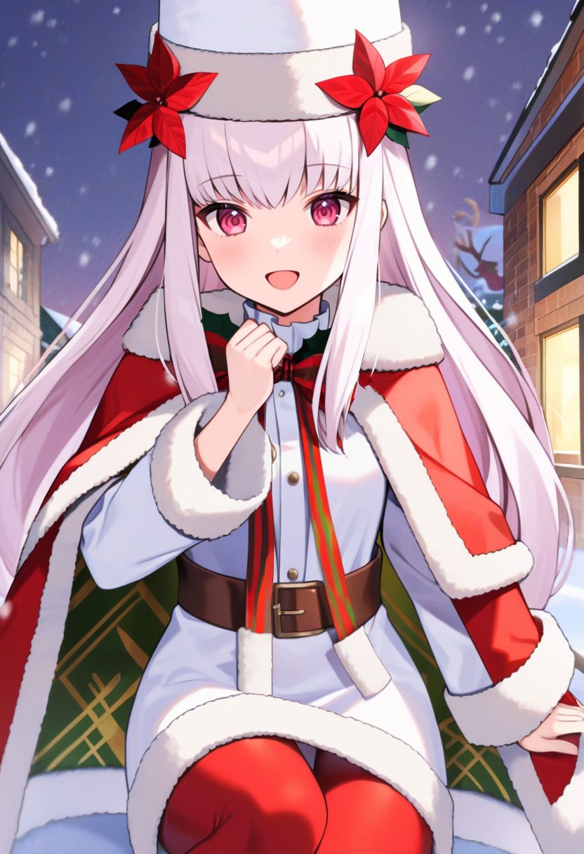 solo, 1girl, lysitheawinter, :d, looking at viewer, white hat, christmas, white dress, fur trim, long sleeves, fur-trimmed cape, red pantyhose, snowing, outdoors <lora:fireemblem_ordelia_xl-000005:1>