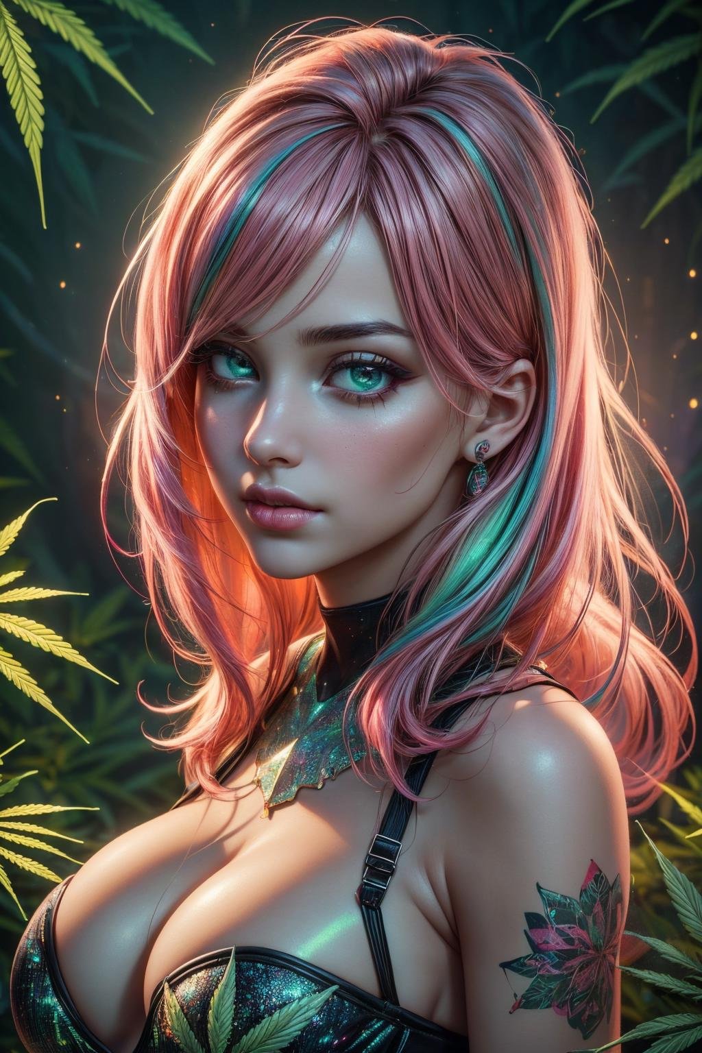 (ultra realistic,32k, masterpiece:1.2),(high detailed skin:1.1),( 8k uhd, dslr, high quality:1.1), 1girl,pink hair, long hair,(aqua eyes:0.9),<lora:marijuana-style-darquelilly-v1:0.7>marijuanastyle, green <lora:underwire:0.3>underwire, tight top,, , <lora:add_detail:0.88>, huge breast, (looking at viewer, portrait:1.1),,,(radiant:1.1),holographic art studio, holographic sculpture, interactive light installations,  painting 