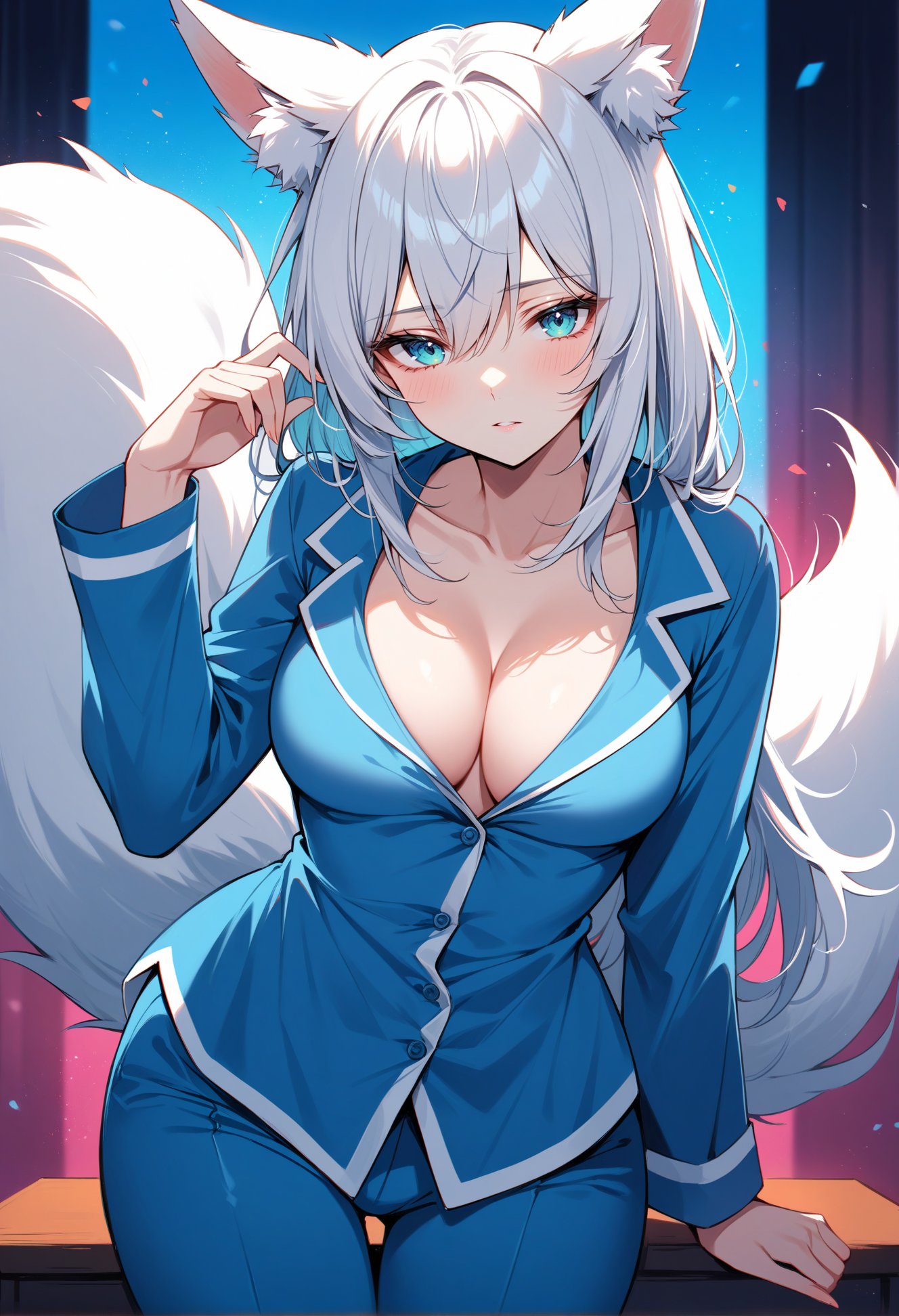 (masterpiece,best quality,high quality:1.1,late),absurdres,highres,ultra-detailed,HDR,glowing lighting,1girl,solo,(half-closed eyes:1.2),mature female,medium breasts,standing,((blue pajamas)),cleavage,((fox girl, fox tail,fox_ears,white hair, aqua eyes, )),((simple background,colorful background)),artist:criin,artist:yolanda,artist:ponnyu12,