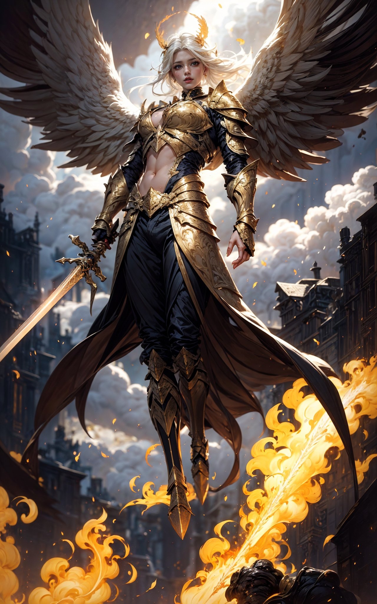 angel,Super powerful flame angel flies out of the clouds, behind him is golden meteor magic surrounding his body, Gothic style, gorgeous golden armor, huge flame great sword, rich background, sword art background, film shooting, depth of field, Super visual, Super visual ,bare shoulders，exposed abdomen，Flamboyant armour，Angel wings. Huge angel wings，<lora:绪儿-巨剑大天使V2 angel:0.8>