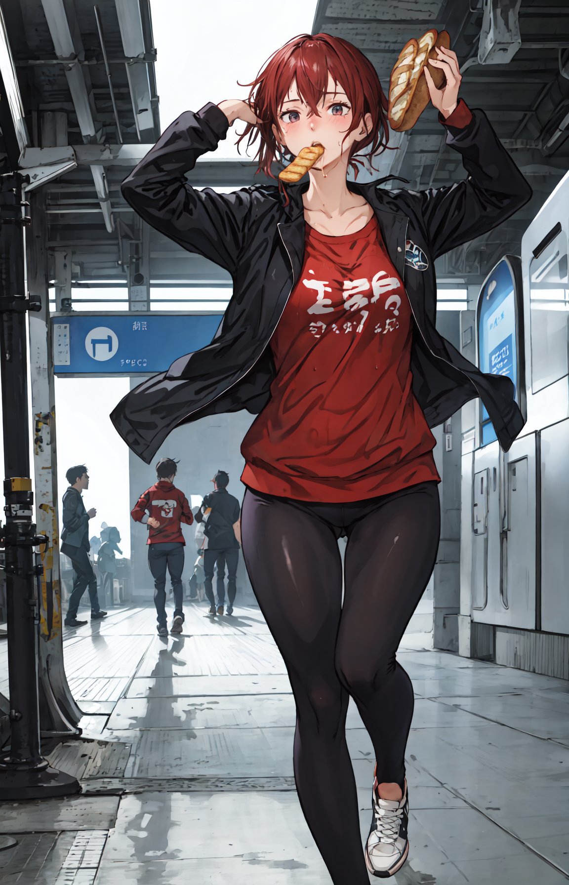best quality, detailed background, girl,eating_bread,subway station, spring,shy,solo, running,  breath, wet:0.6