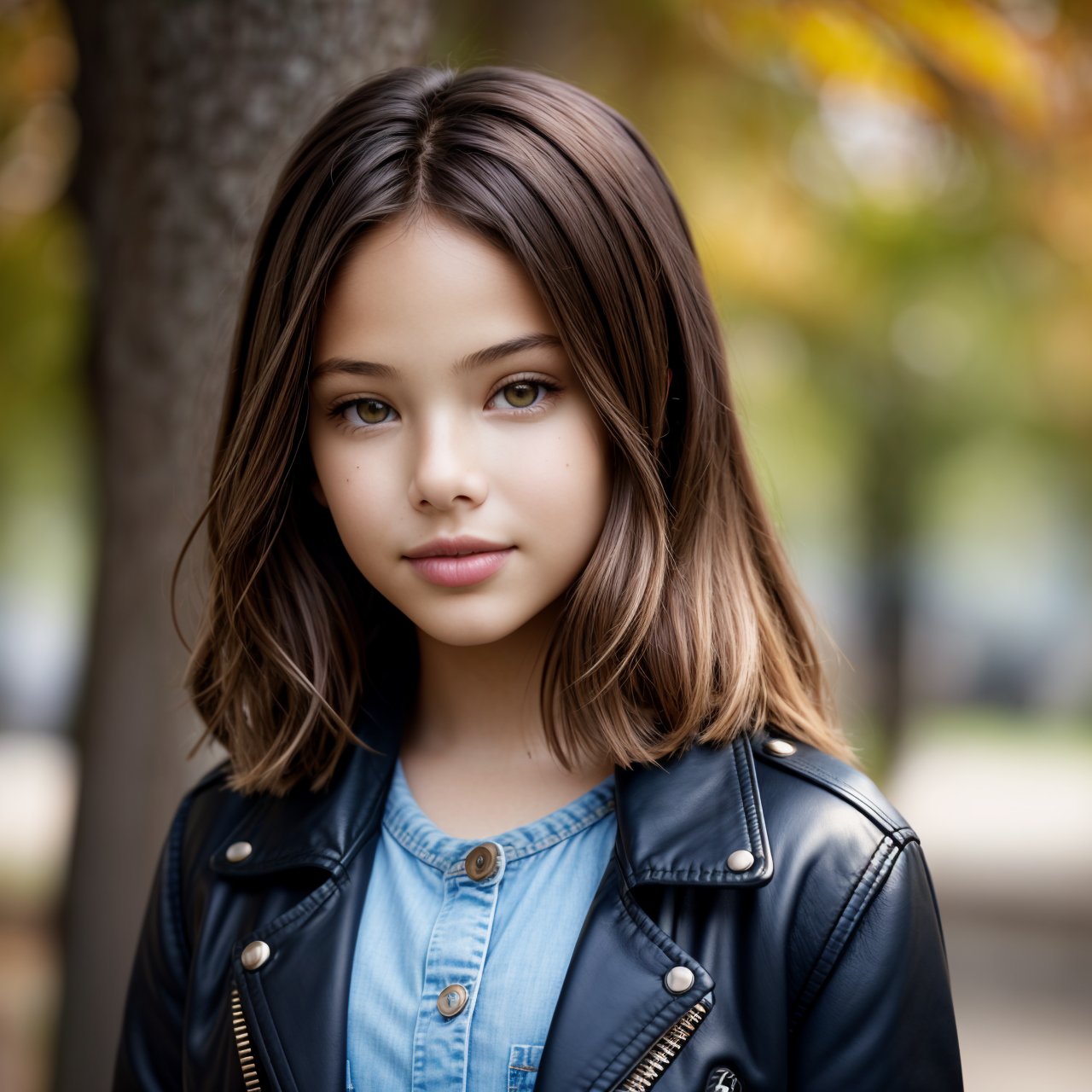 (masterpiece:1.3), wallpaper, looking at viewer, full body portrait of calm (AIDA_LoRA_LG2014:1.13) <lora:AIDA_LoRA_LG2014:0.76> as little girl in a leather jacket standing in the park next to the tree, pretty face, naughty, funny, happy, playful, intimate, cinematic, dramatic, hyper realistic, studio photo, studio photo, kkw-ph1, hdr, f1.8 , getty images, (colorful:1.1)