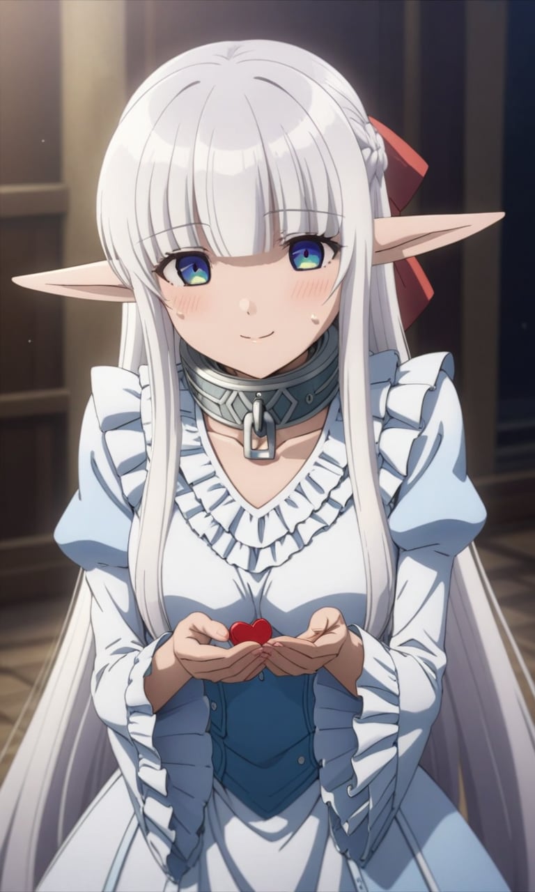 (masterpiece, best quality, very aesthetic, ultra detailed, many details), 1girl, nephiliaxl, pointy ears, blue eyes, long hair, white dress, white hair, elf, long sleeves, collar, frills, blunt bangs, braid, very long hair, wide sleeves, hair ribbon, juliet sleeves, frilled dress, standing, cowboy shot, marriage proposal, upper_body, sweat, light smile, pov<lora:EMS-349075-EMS:1.000000>, <lora:EMS-335216-EMS:0.700000>