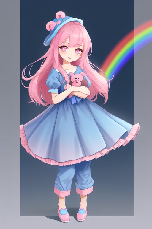 blue pink hat , 6 years old girl,  blue dress,  pink pant and rainbow shoes. she hold on dark blue teddy bear