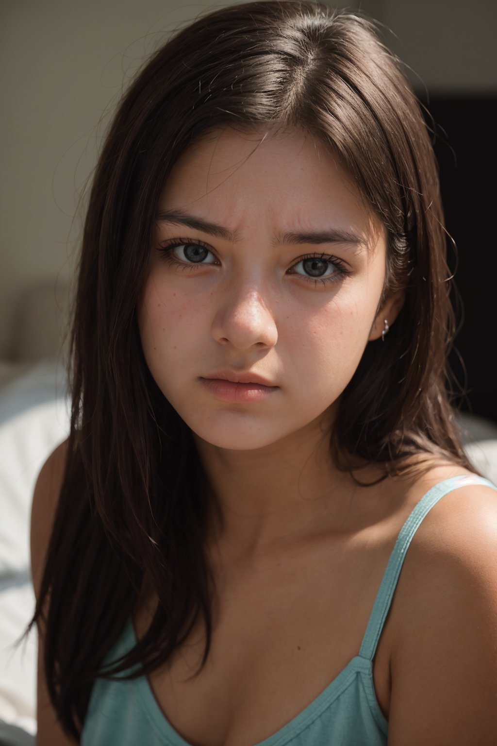 photo of a 18 year old girl, scared,worried, facing viewer,ray tracing,detail shadow,shot on Fujifilm X-T4,85mm f1.2,depth of field, realistic,