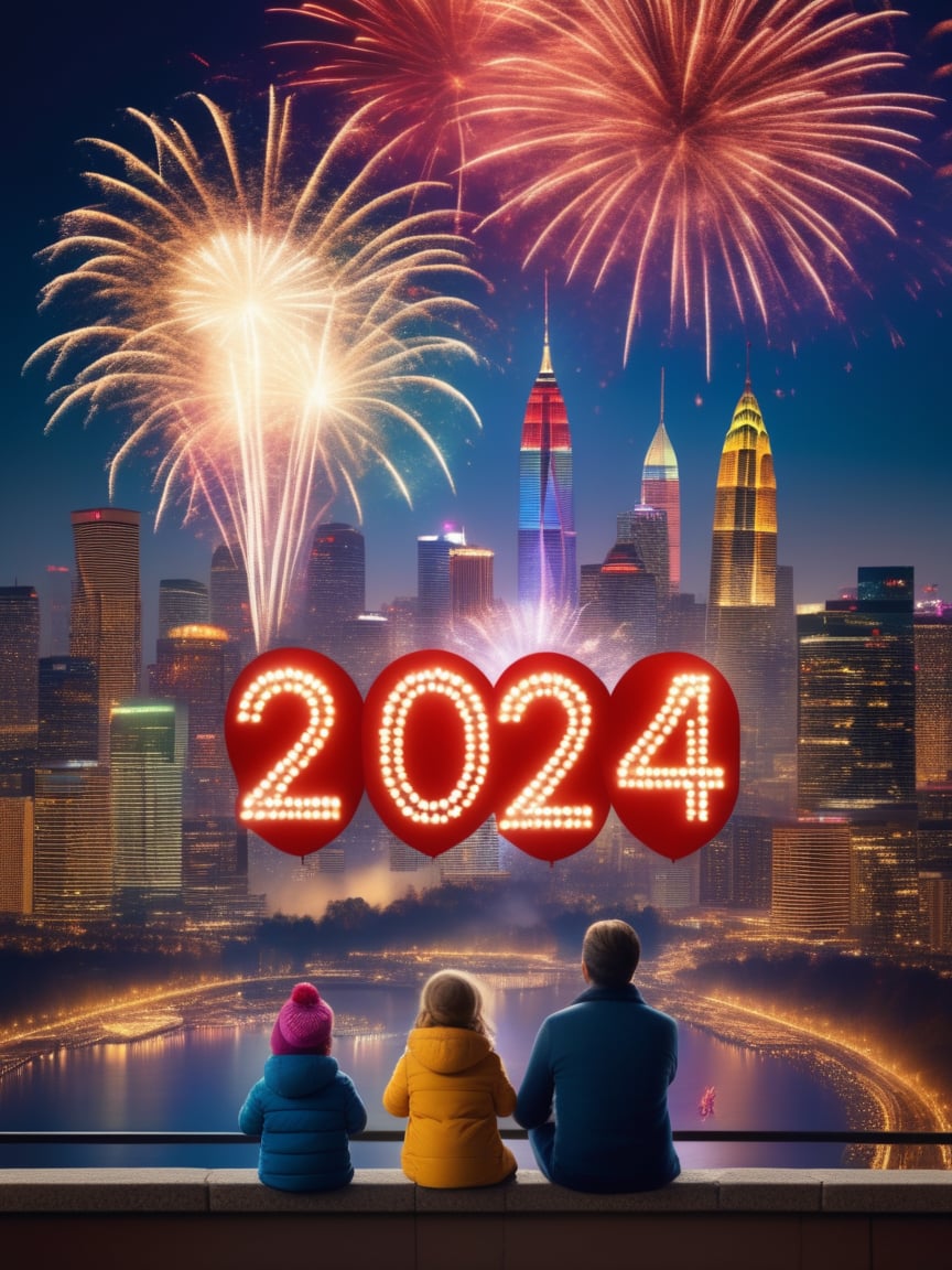 A family watches fireworks explode over a city skyline,with a sign that says (New Year 2024:1.9) marking the beginning of the new year,realistic,best quality,